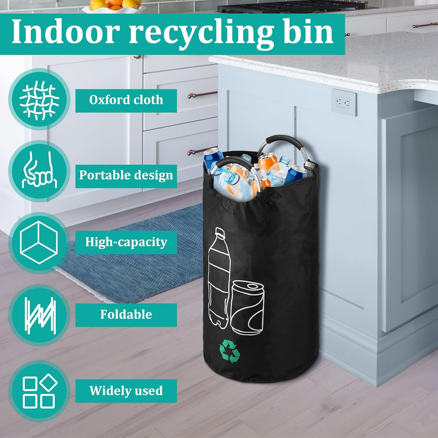 Recycling Waste Bin Reusable Recycle Bin 82L Deposit Bottle Collection Container with Aluminum Handles Waterproof Foldable Deposit Bottle Storage for Kitchen Home Office Outdoor Use(Black-1-82L) - Black-2-82L image number 6