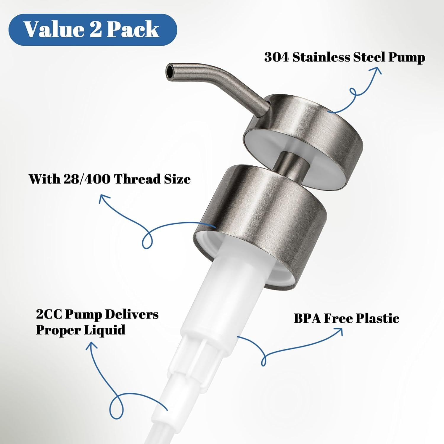 UHEY HOME Soap Dispenser Pump Replacement 304 Stainless Steel for Regular Mouth Bottle for Standard 28/400 Thread Size Kitchen Bathroom Lotion Refill Flat Top Dispenser Pumps 2 Pack(Brushed Nickel) - Brushed Nickel image number 4