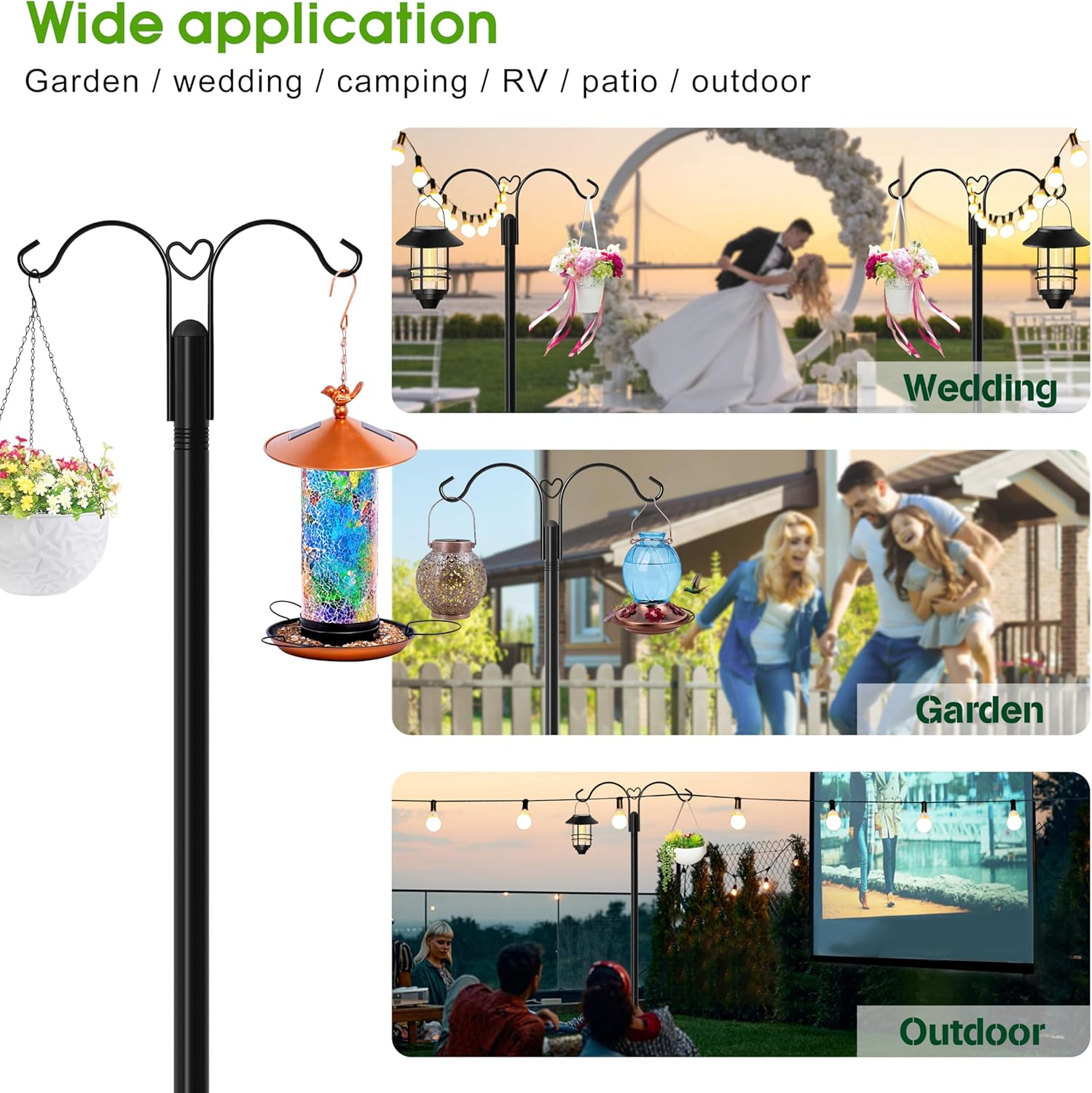 Double Shepherds Hooks for Outdoor, 2-Pack Heavy Duty Garden Pole for Hanging Bird Feeder, Plant Baskets, Solar Light Lanterns, Garden Plant Hanger Stands with 5 Base Prongs (76 Inch, Style E) image number 3