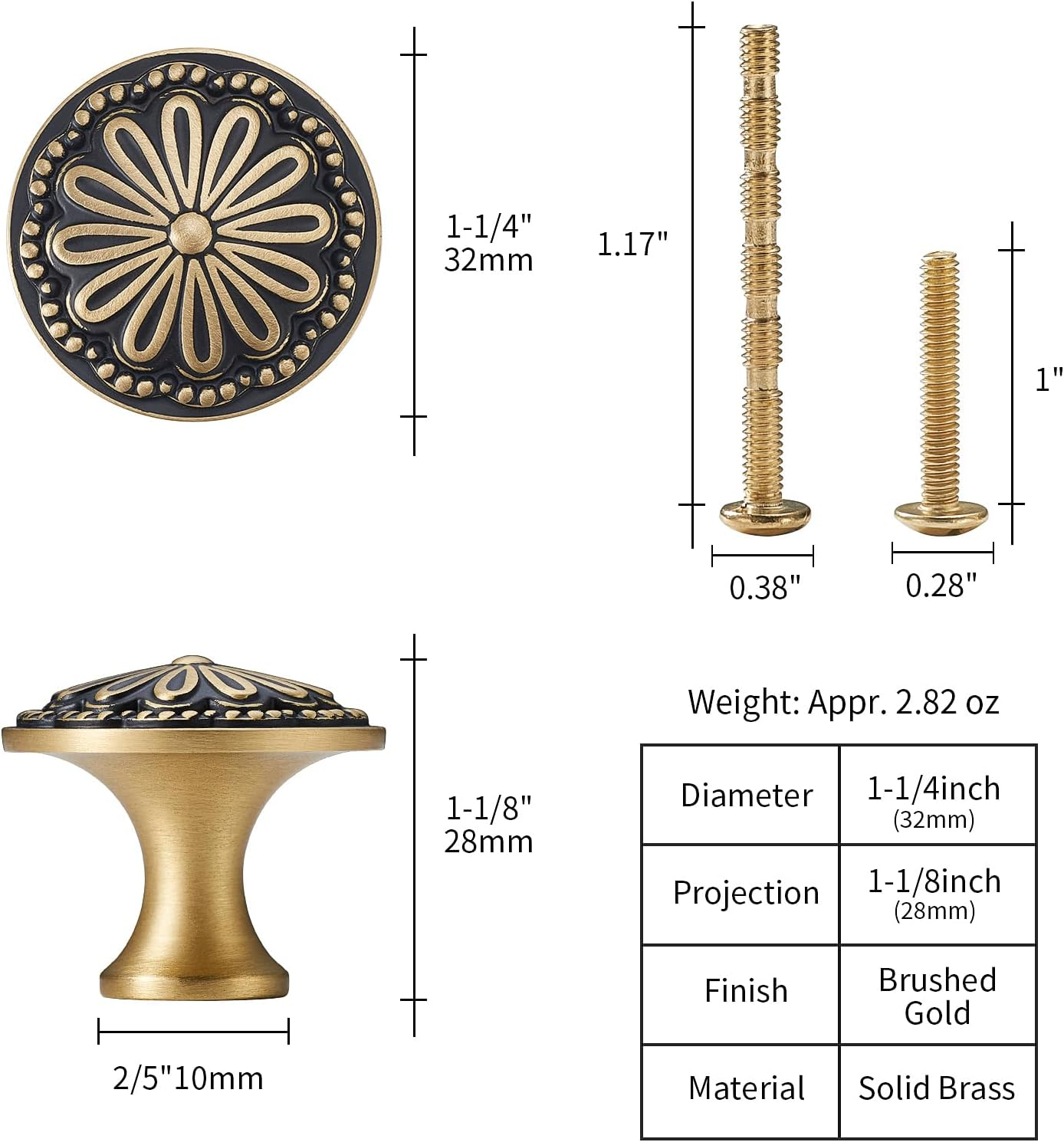 Black and Brushed-Gold Cabinet-Knobs - 5 Pack Flower Brass Drawer Pulls for Dresser Cabinet Hardware image number 1