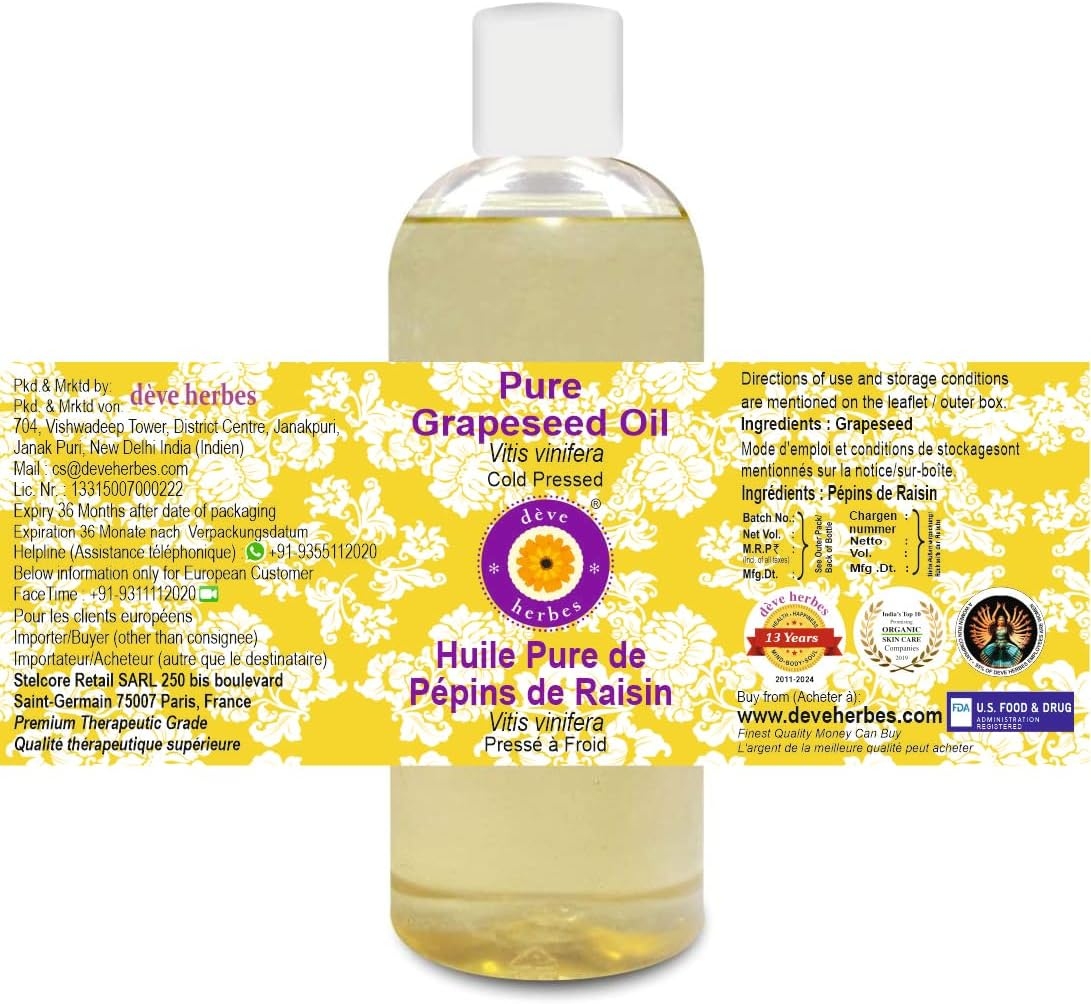 Deve Herbes Pure Grapeseed Oil (Vitis Vinifera) Natural Therapeutic Grade Cold Pressed 200Ml (6.76 Oz) image number 1