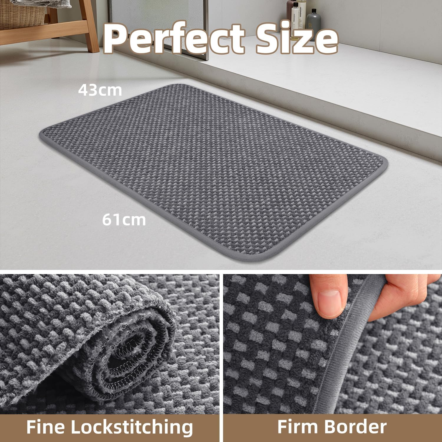 Padoor-Bath Mat-Super Absorbent Chenille Bathroom Mats-Rubber Backed Bath Mats for Bathroom Non Slip, Machine Washable Bathroom Rugs Front of Bathtub,Shower Room,Sink-43X61 CM Grey&Beige image number 3