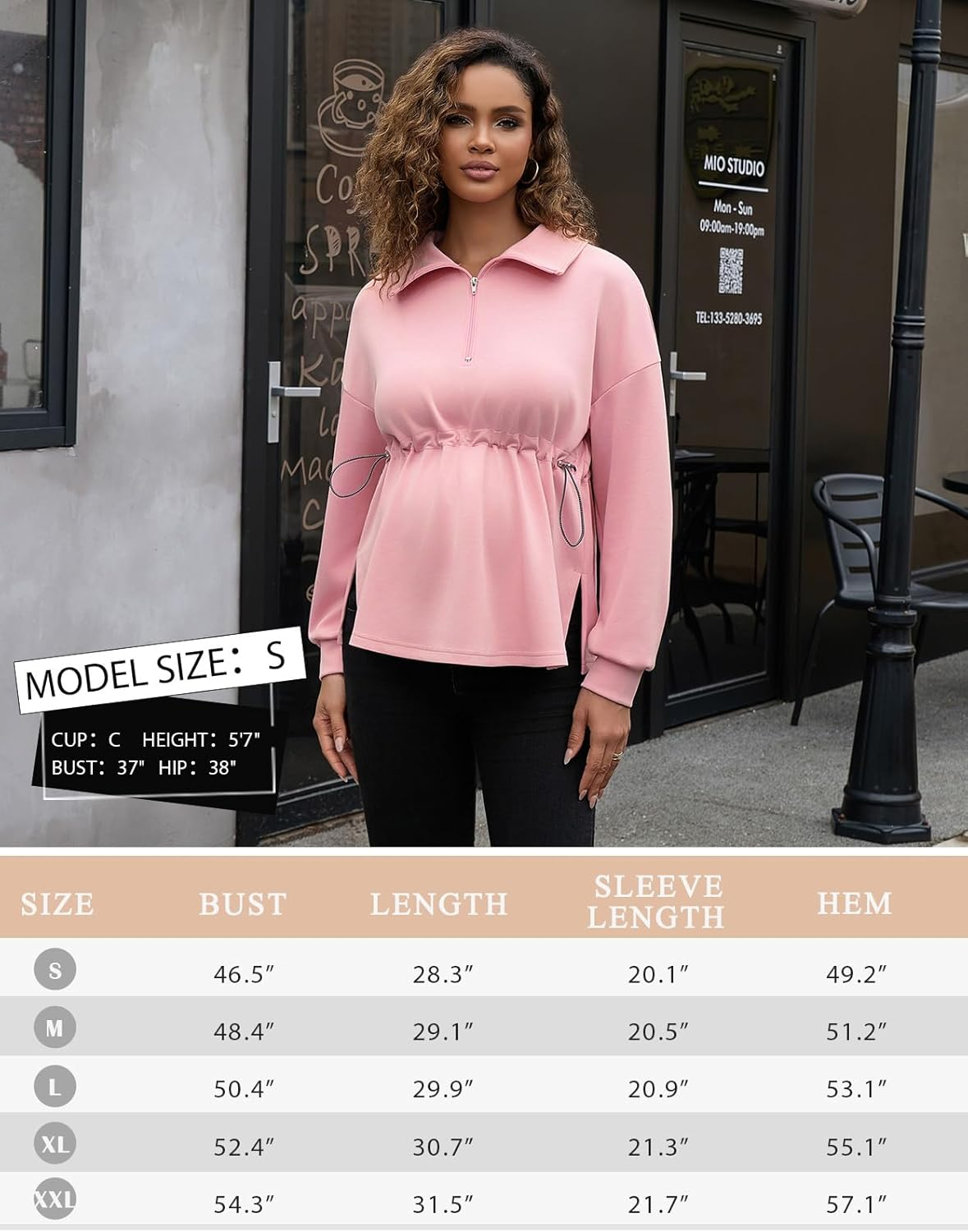 Bhome Women'S Maternity Sweatshirts Half Zip Drawstring Waist Long Sleeve Side Slits Loose Fit Pullover Tops image number 2
