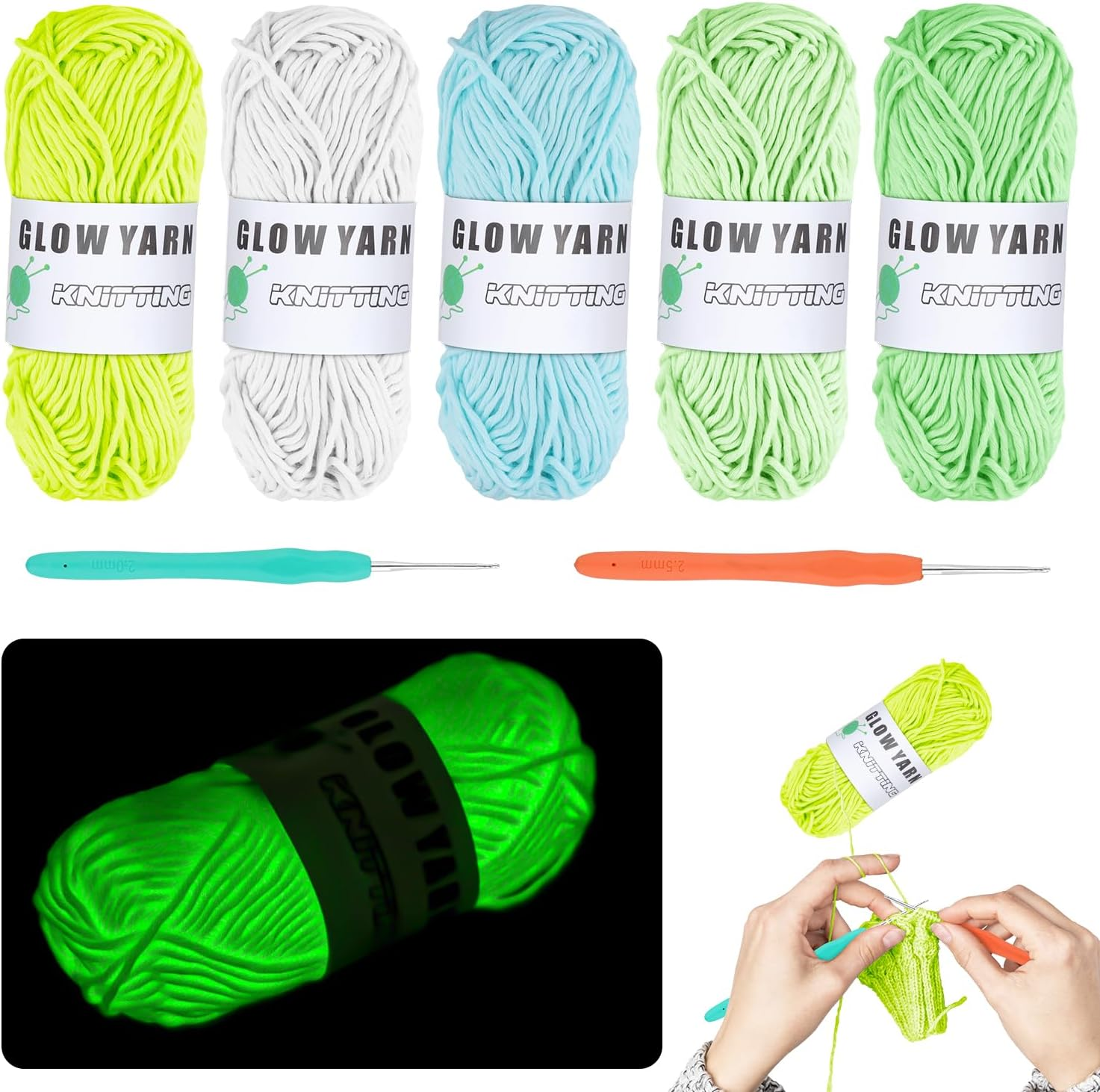 5 Rolls Glow in the Dark Yarn, Luminous Crochet Yarn with 2 Crochet Hooks Soft Versatile Neon Crochet Yarn for Sewing Thread Arts Crafts Party Supplies image number 2