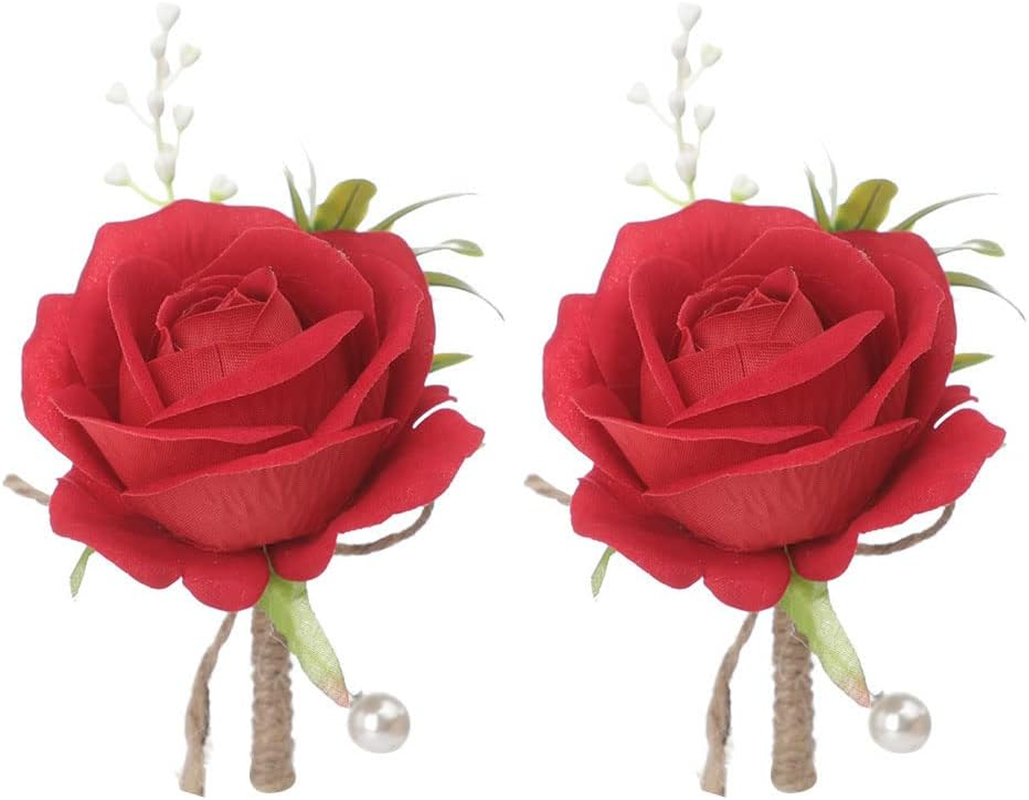 Ydseozoa Pack of 2 Corsage Wedding Boutonniere Artificial Roses Flowers Bouquet Brooch Decor for Bride Groom Wedding Prom Party Banquet Roses Boutonniere (White)