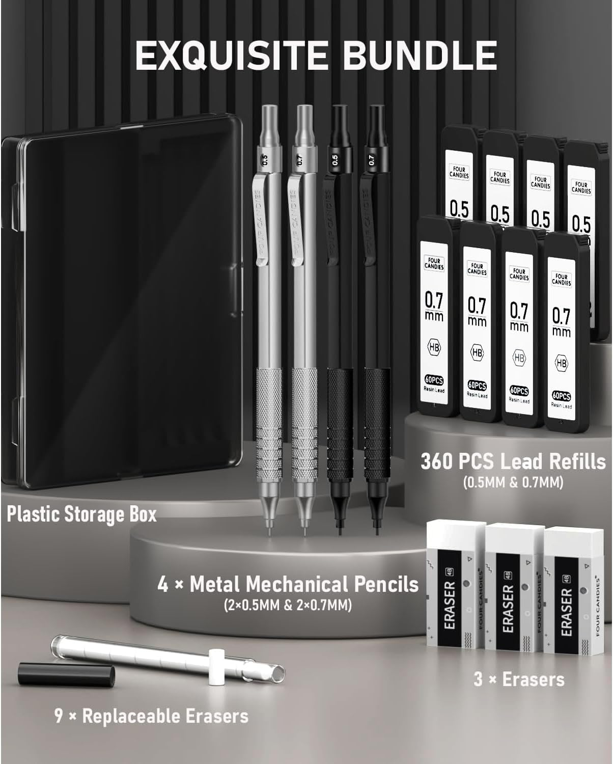 Four Candies 4PCS Metal Mechanical Pencils Set with Case, 0.5Mm & 0.7 Mm Artist Pencil with 8 Tubes (480PCS) HB Lead Refills, 3 Erasers,9 Eraser Refills for Writing Drafting, Drawing, Black&Sliver image number 5