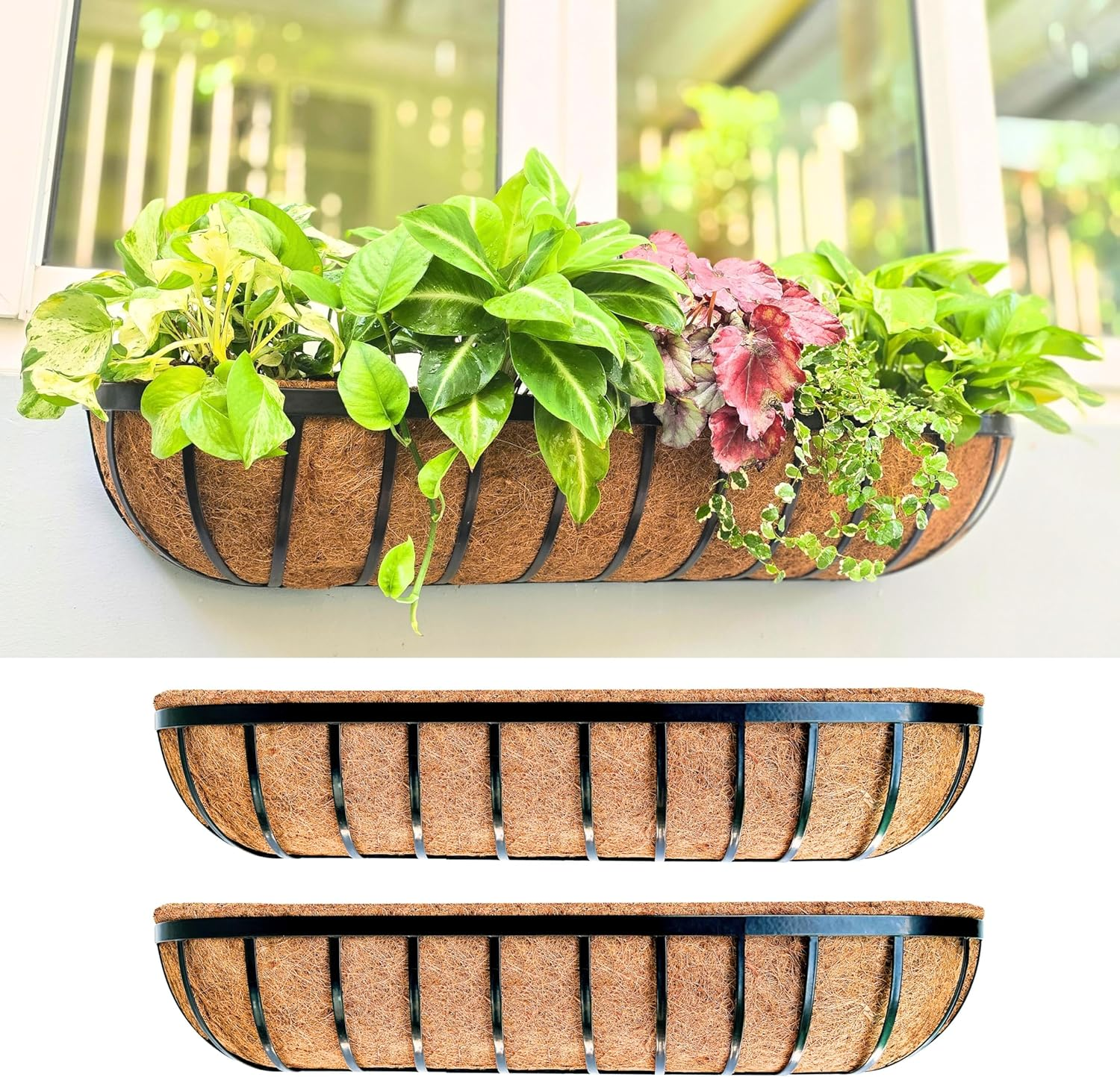 Lalagreen Deck Railing Planter Box - 2 Pack, 36 Inch Large Wall Planters for Outdoor Plants, Window Flower Boxes Attach House with Coco Liners Metal Horse Troughs Fence Balcony Patio Porch over Rail image number 2