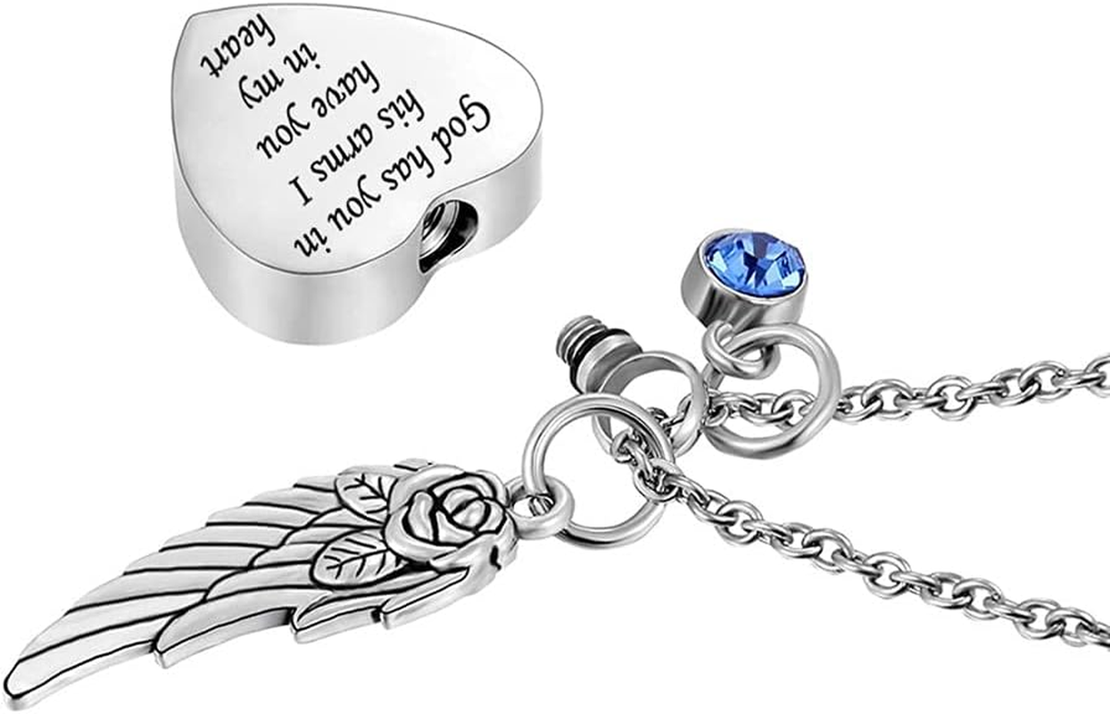 God Has You in His Arms with Angel Wing Charm Cremation Ashes Jewelry Keepsake Memorial Urn Necklace with Birthstone Crystal, 20 X 25 Mm, Metal, Zircon image number 5