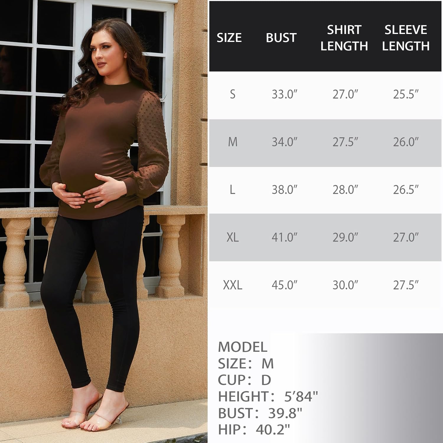 Bhome Mock Neck Maternity Shirt Ribbed Knit Maternity Blouse Mesh Long Sleeve Fitted Pregnant Top