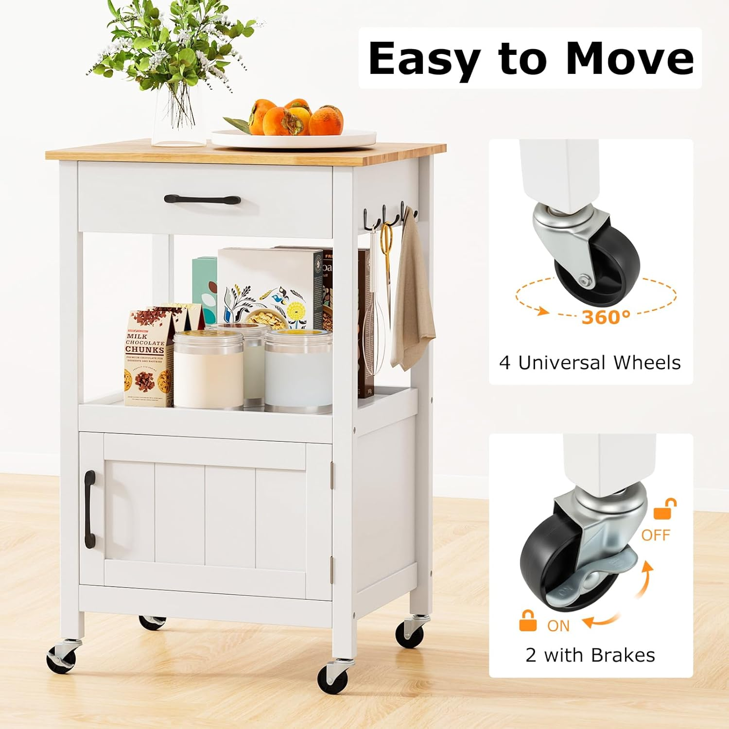 Giantex Small Kitchen Island Cart on Wheels, Rolling Kitchen Island W/Rubber Wood Top, Large Drawer, 3 Hooks, Open Shelf, Door Cabinet, Suitable for Kitchen & Dining Room, White - Black image number 4