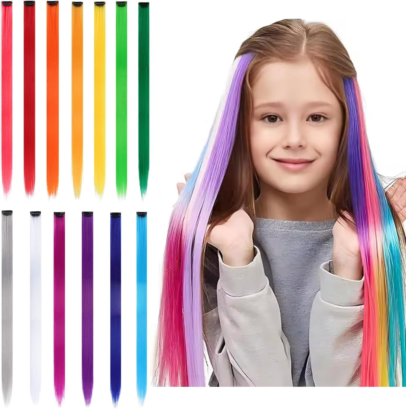 13Pcs Colored Hair Extensions, Rainbow Hair Extension for Women Girls, Multi-Colors Long Straight Hairpiece, 22 Inch Color Clip in Synthetic Hair Extensions Party Favore image number 1