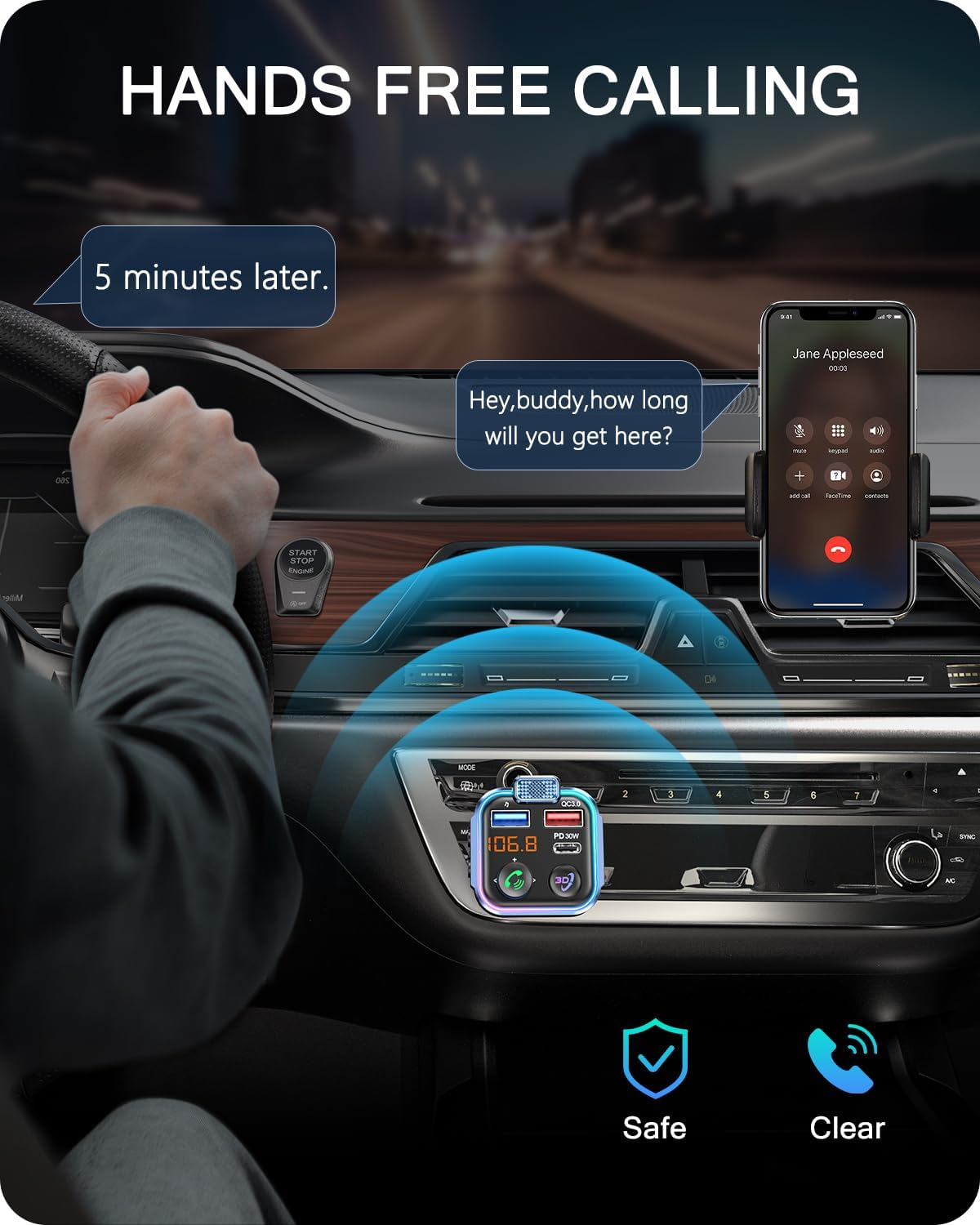 LENCENT Bluetooth 5.3 FM Transmitter, Wireless Radio Adapter Car Kit with Type-C PD 30W+ QC3.0 Fast USB Charger, Hands-Free Calling, Audio Stereo Mp3 Player Receiver, Supports U Disk, Color Light image number 5