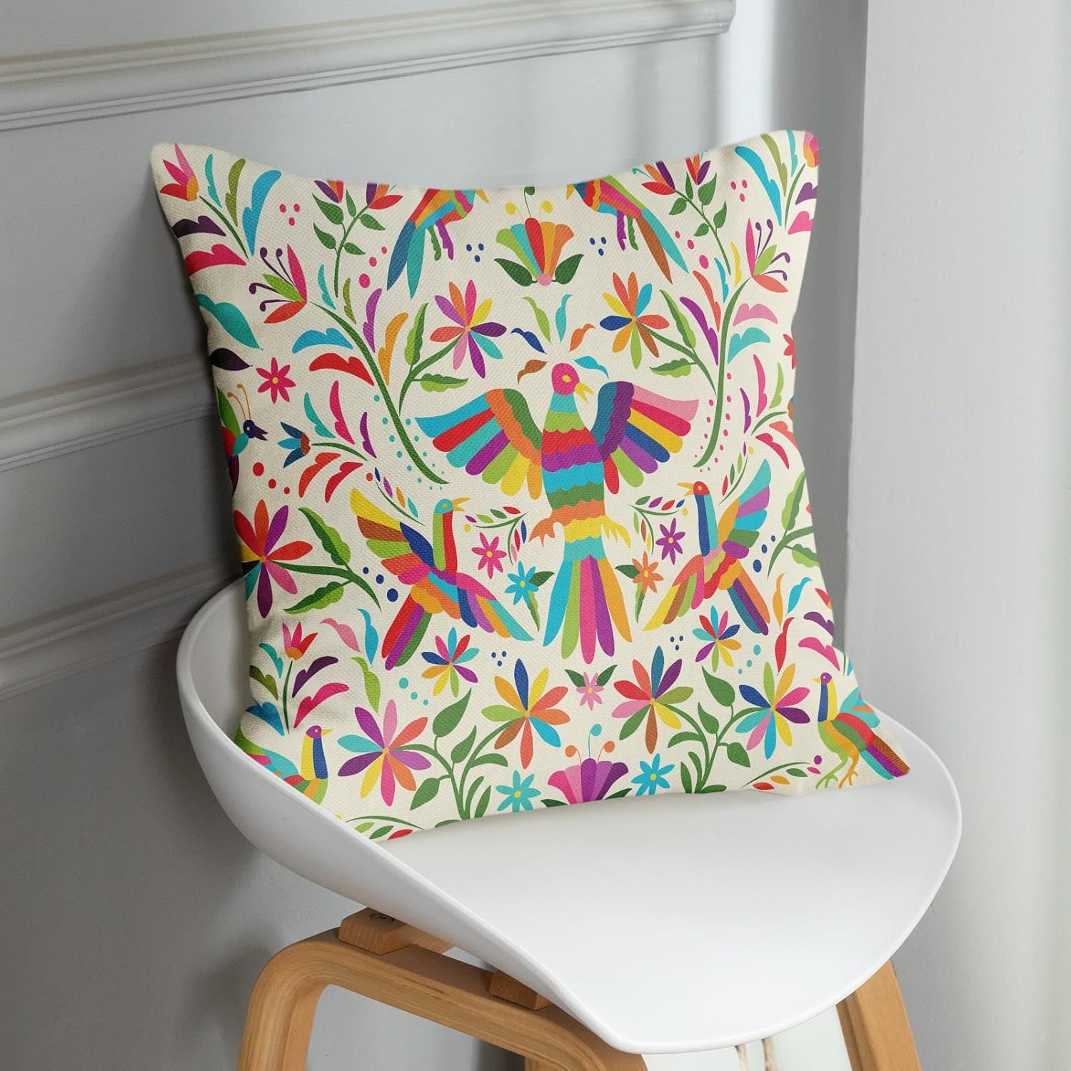 Sanwarm Throw Pillow Covers Home Decor Set of 4 Pillow Cases Decorative 18 X 18 Inches Cushion Couch Sofa Pillowcases Mexican Colorful Ethnic Birds Flowers - Black White image number 5