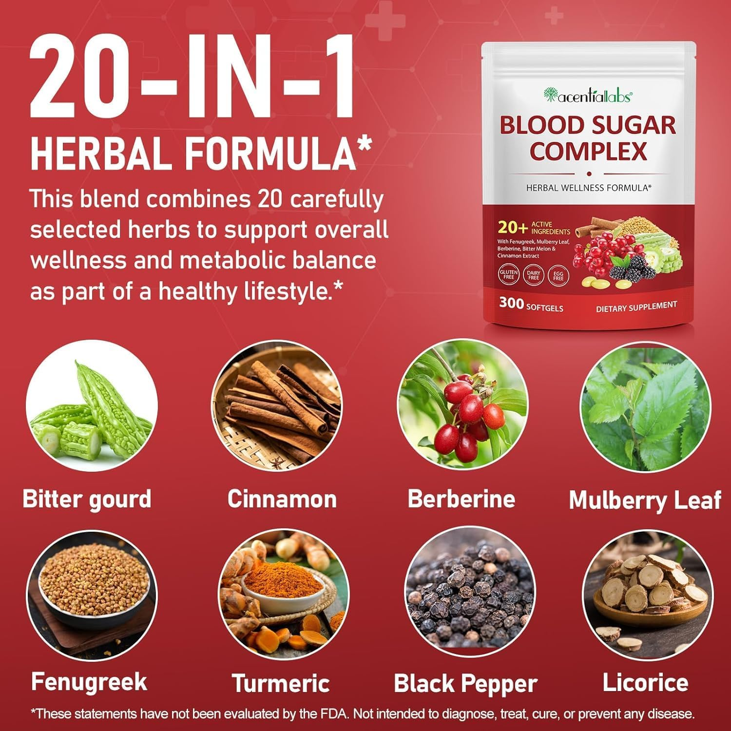 Blood Sugar Complex Supplement | 20+ Active Ingredients | Includes Fenugreek, Mulberry Leaf, Bitter Melon, Cinnamon & More | Gluten-Free, Dairy-Free, Egg-Free | 300 Softgels image number 4