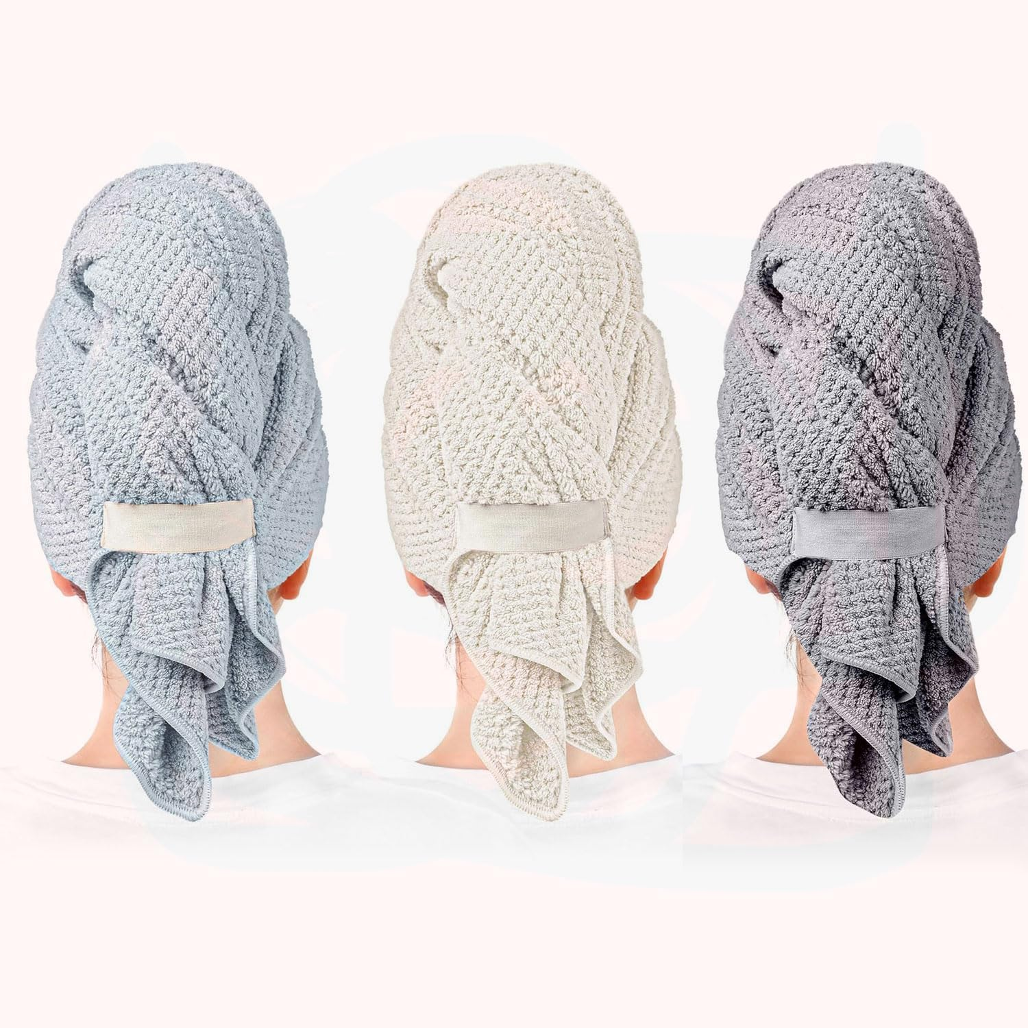 YIRANJIA 3-Pack Large Microfiber Hair Towels for Women - Super Absorbent Quick-Dry Turbans for All Hair Types (Blue/White, 27.5''&times;39.4'')