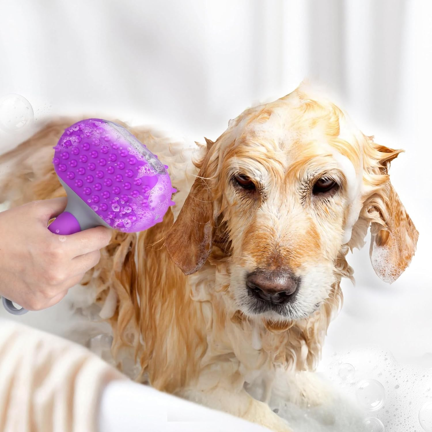 Dog Bath Brush | Dual-Side Dog Shampoo Brush | Dogs Scrubber for Bath | Dog Grooming Brush with Non-Slip Handle Dogs Washing Brush for Pets Deshedding, Massaging & Grooming (Purple, One Size) image number 2