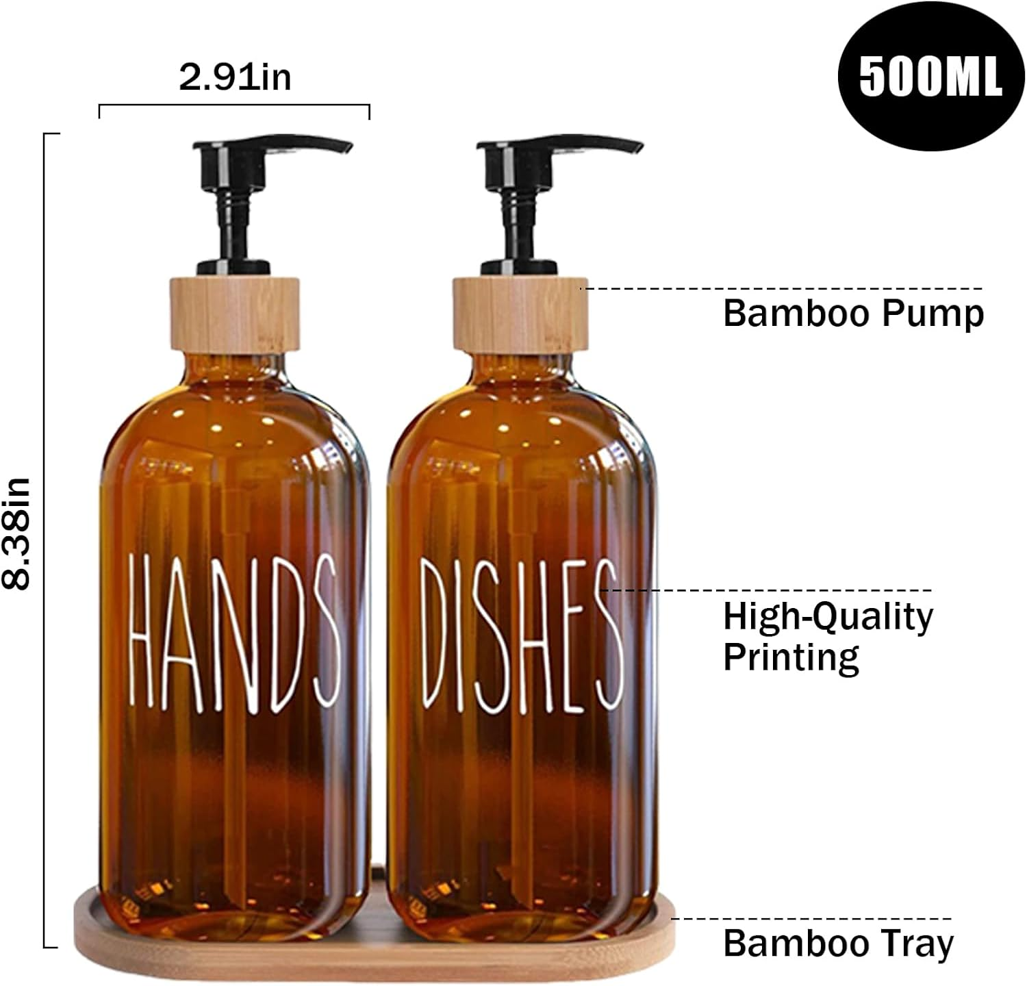 Glass Soap Dispenser Set with Tray,Includes Hand Soap and Dish Soap Dispenser Featuring Pump Durable Leakproof Design Smooth Rounded Nozzle Ideal for Kitchen Sink Home Decor(Coffee) image number 6
