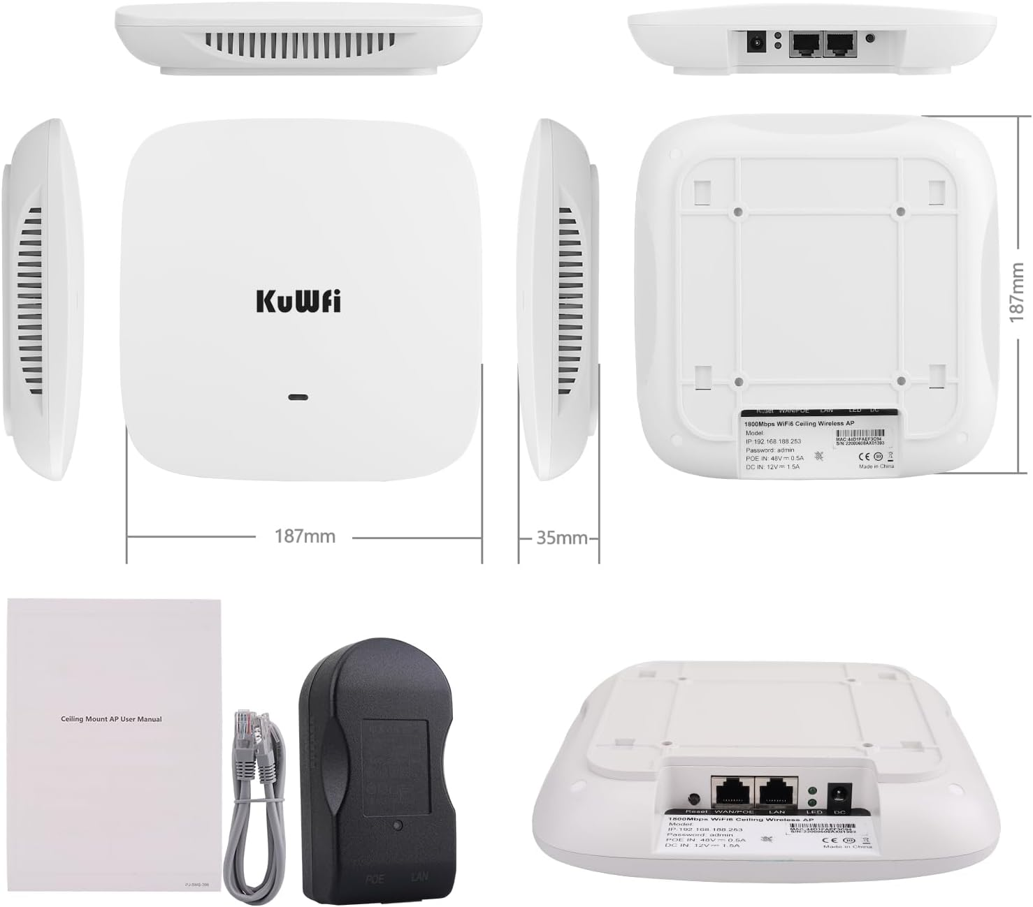 Kuwfi AX1800 Wifi6 Dual-Band Ceiling Wireless Access Point with 1800Mbps Wifi Speeds/Uplink Gigabit Ports/Ethernet Support for Access Points/For POE Switches/Commercial/Malls/Large Dense Spaces