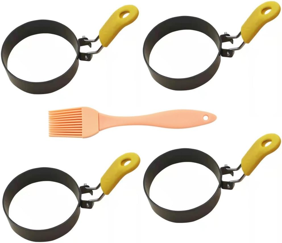 Naisfei Egg Ring,4 PCS Stainless Steel Egg Rings Non Stick for Frying, round Egg Shaper for Frying Pan, Poached Egg Moulds for Fried Eggs, Griddle Egg Circles with Oil Brush,Pancake Rings for Burger