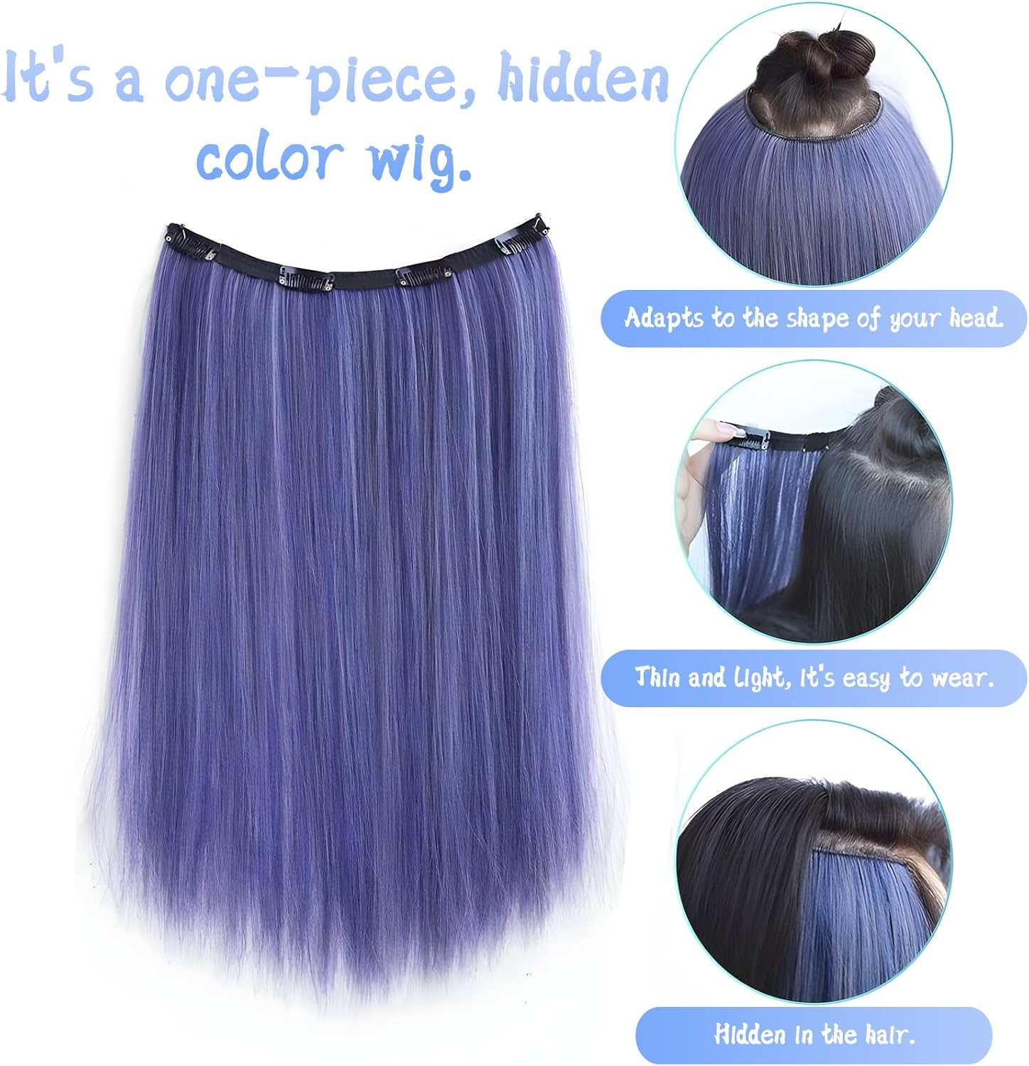 DBAILY Clip in Hair Strands, Clip-In Extensions, Hair Accessories Women, Wig Blue, Hair Strands for 50 Cm, 60 G, Grey Blue image number 1