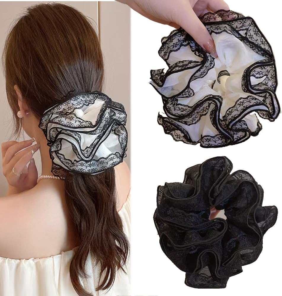 Chiffon Scrunchies Hair Scrunchies with Large Flower Women'S Elastic Bands Soft Elastic Ponytail Holder for Women Girls Hair Accessories (1 Piece (Pack of 2)