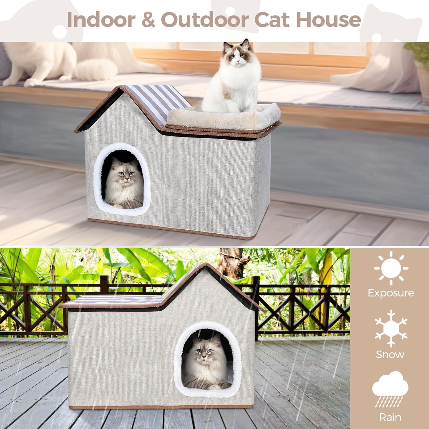 Cat House, Cat Nest with Soft Plush Mat, Removable Cushion, Roof and Windows, Indoor/Outdoor Cat House for Small Medium Cats, Gray