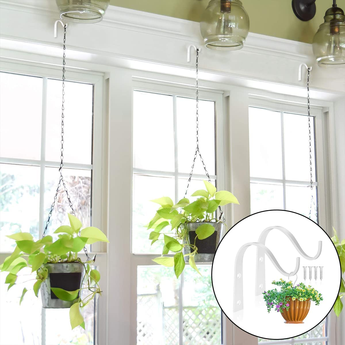 Iron Wall Hooks, 2 PCS Heavy Duty Metal Plant Hanging Basket Bracket for Hanging Lantern, Bird Feeders, Wind Chimes (White) image number 1