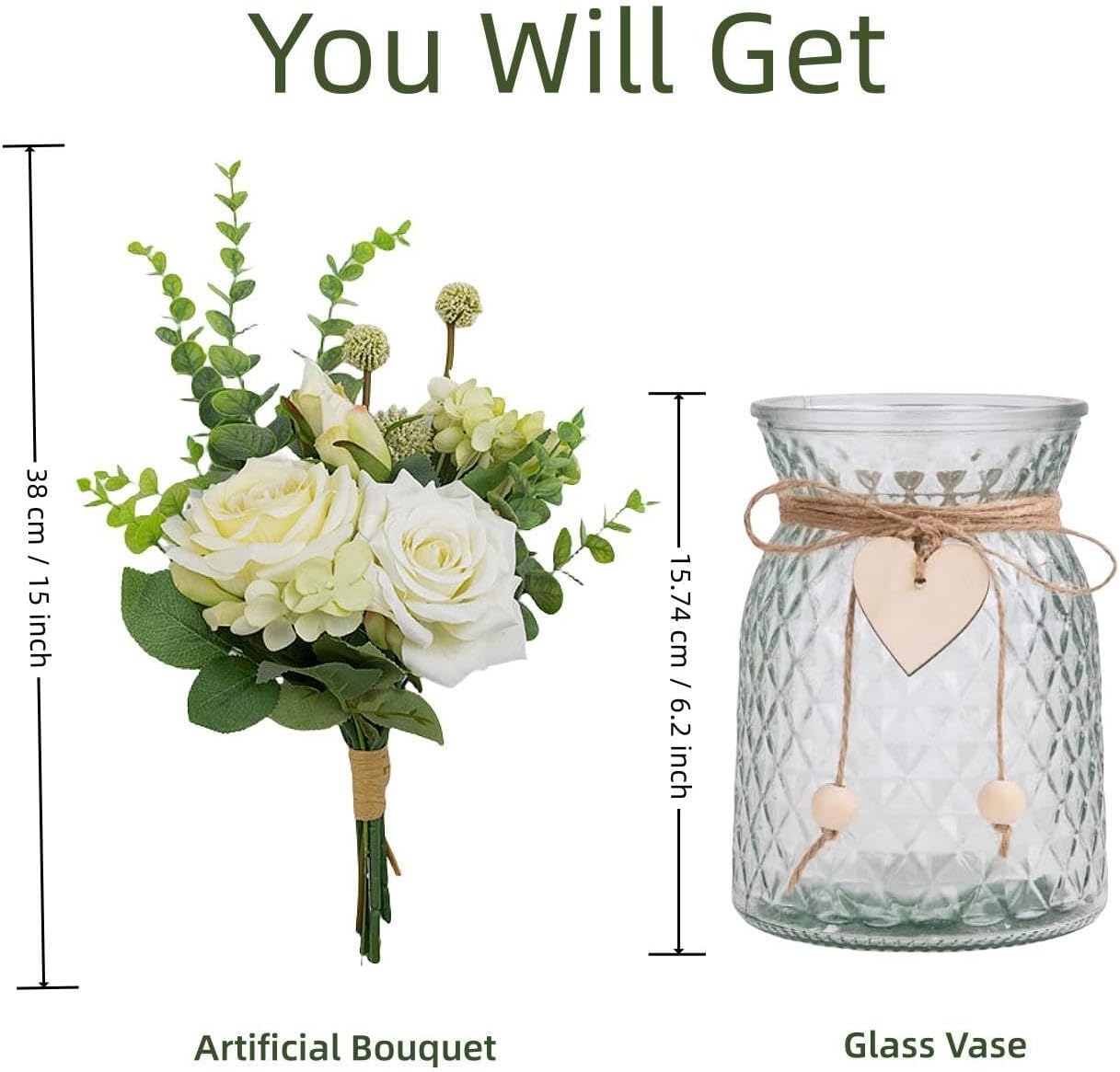 Artificial Flowers with Glass Vase Fake Flower Bouquet Faux Rose in Vases for Home Dcor Flowers Modern Home Decor Table Decorative Flower Vase for Dinner Office Bedroom, White - White image number 5