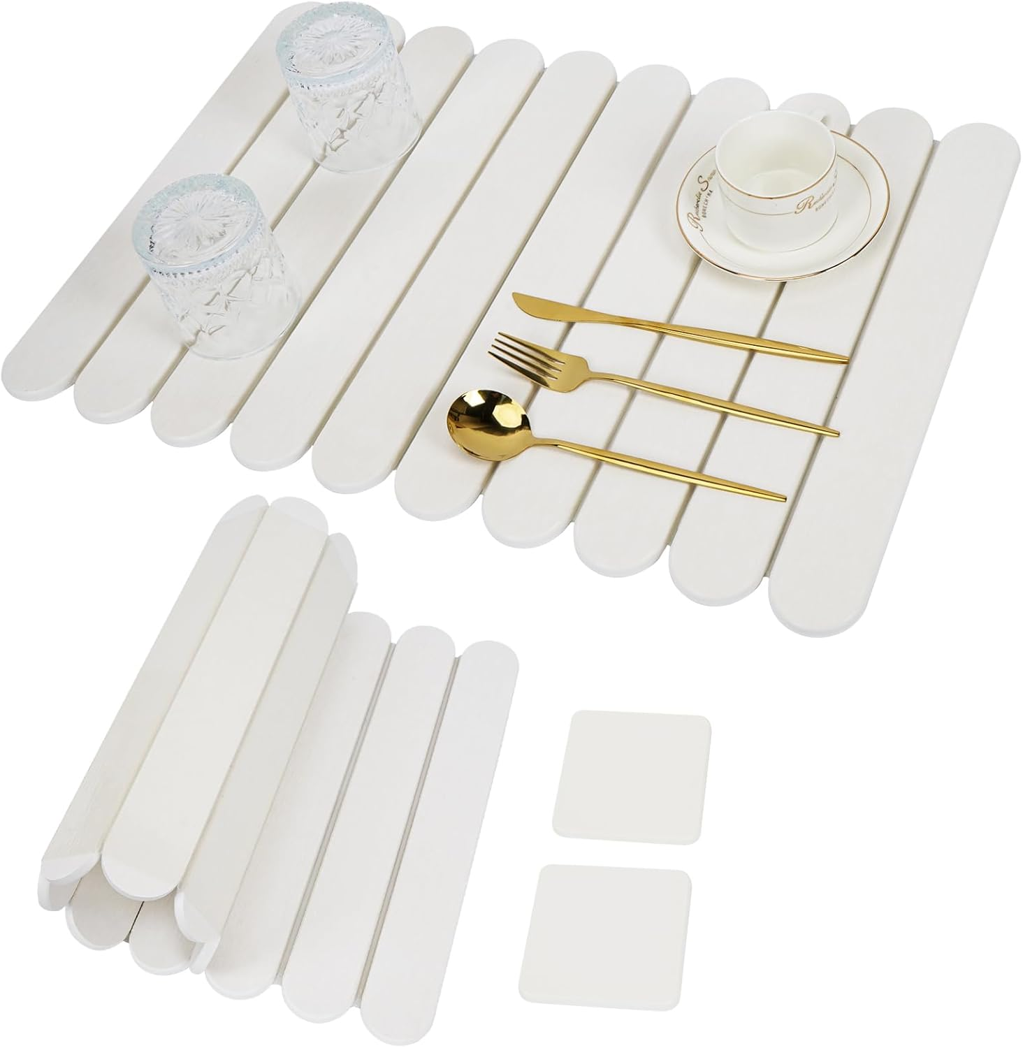 Foldable Stone Dish Drying Mat: Large 24"X16" Absorbent Diatomaceous Earth Mat for Kitchen Counter | Quick Drying & Heat-Resistant for Dishes Bottles Cups with 2 Coasters