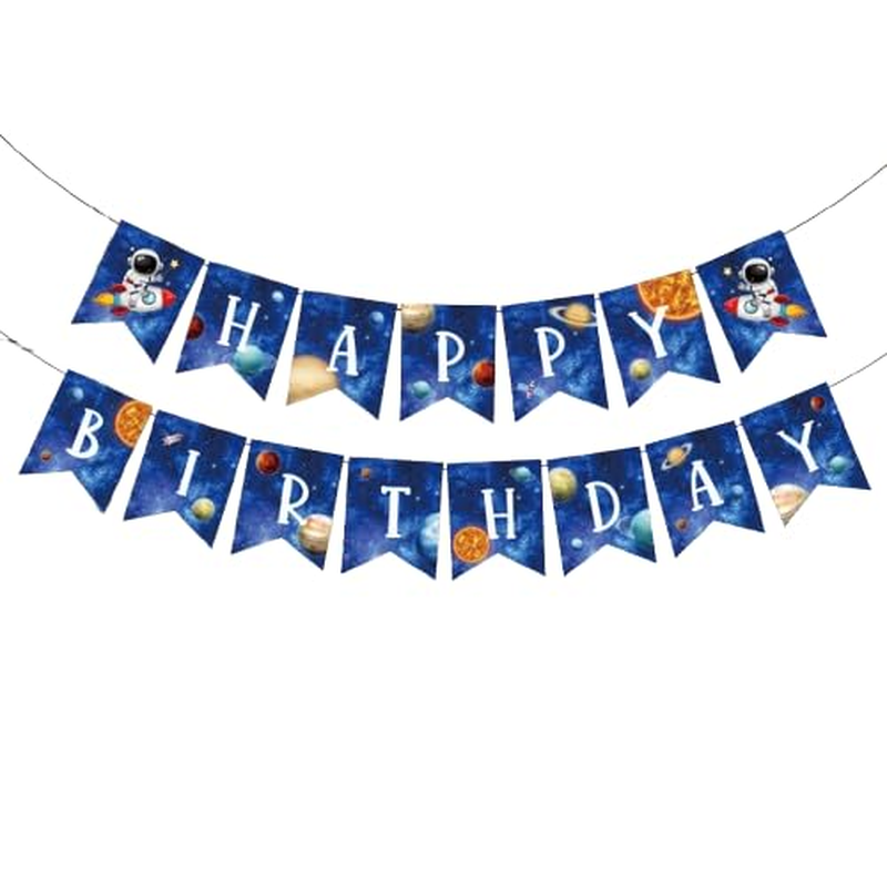 Space Theme Happy Birthday Banner, Astronaut and Planet Design, Blue Starry Sky Party Decoration