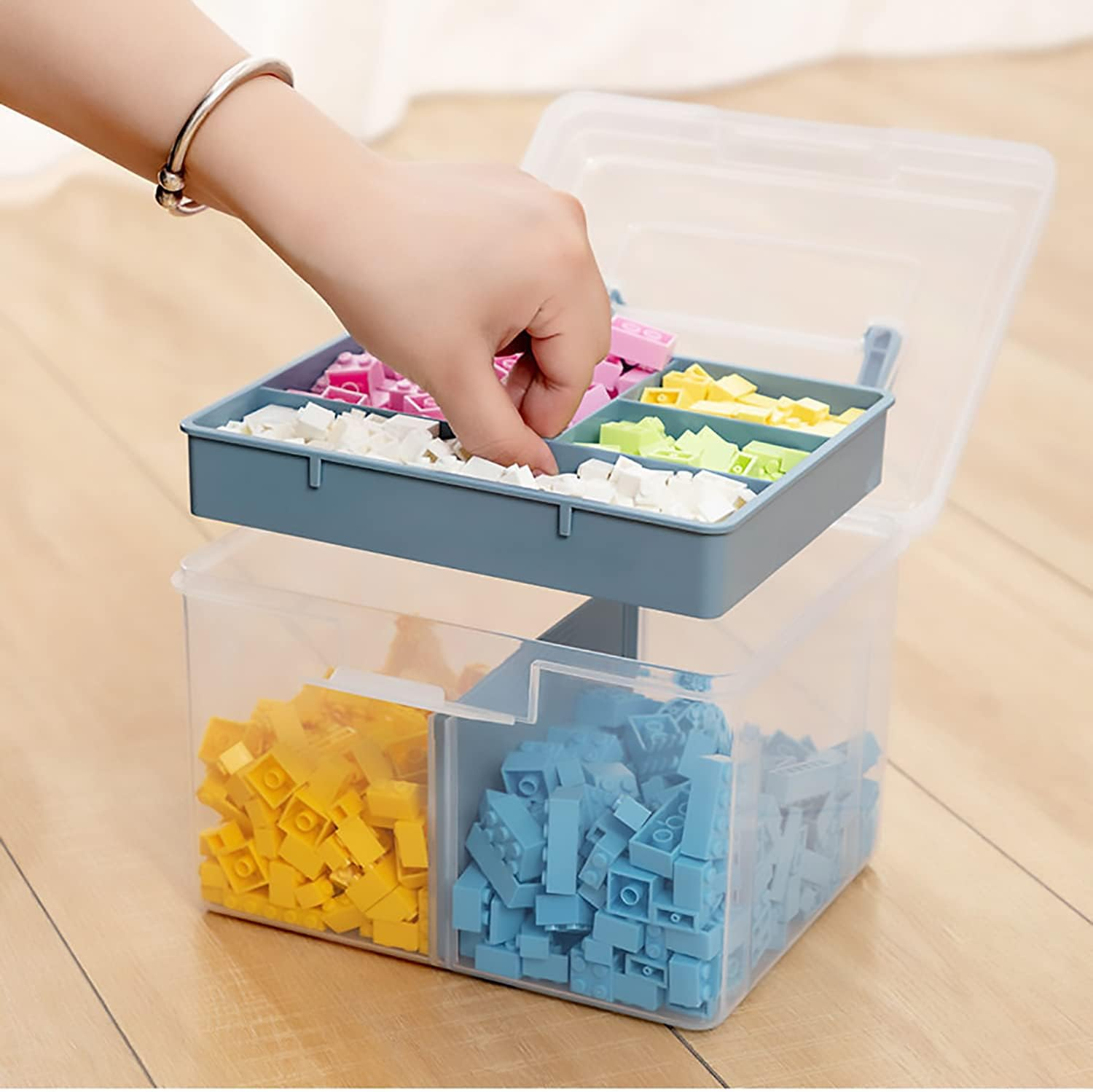 FOREVERIE Clear Small Plastic Storage Box with Handle & a Removable Tray & Adjustable Divider, Kids Students Children Art Box, Desk Organiser Case, Medicine Storage Box (Clear & Ocean Blue) image number 4