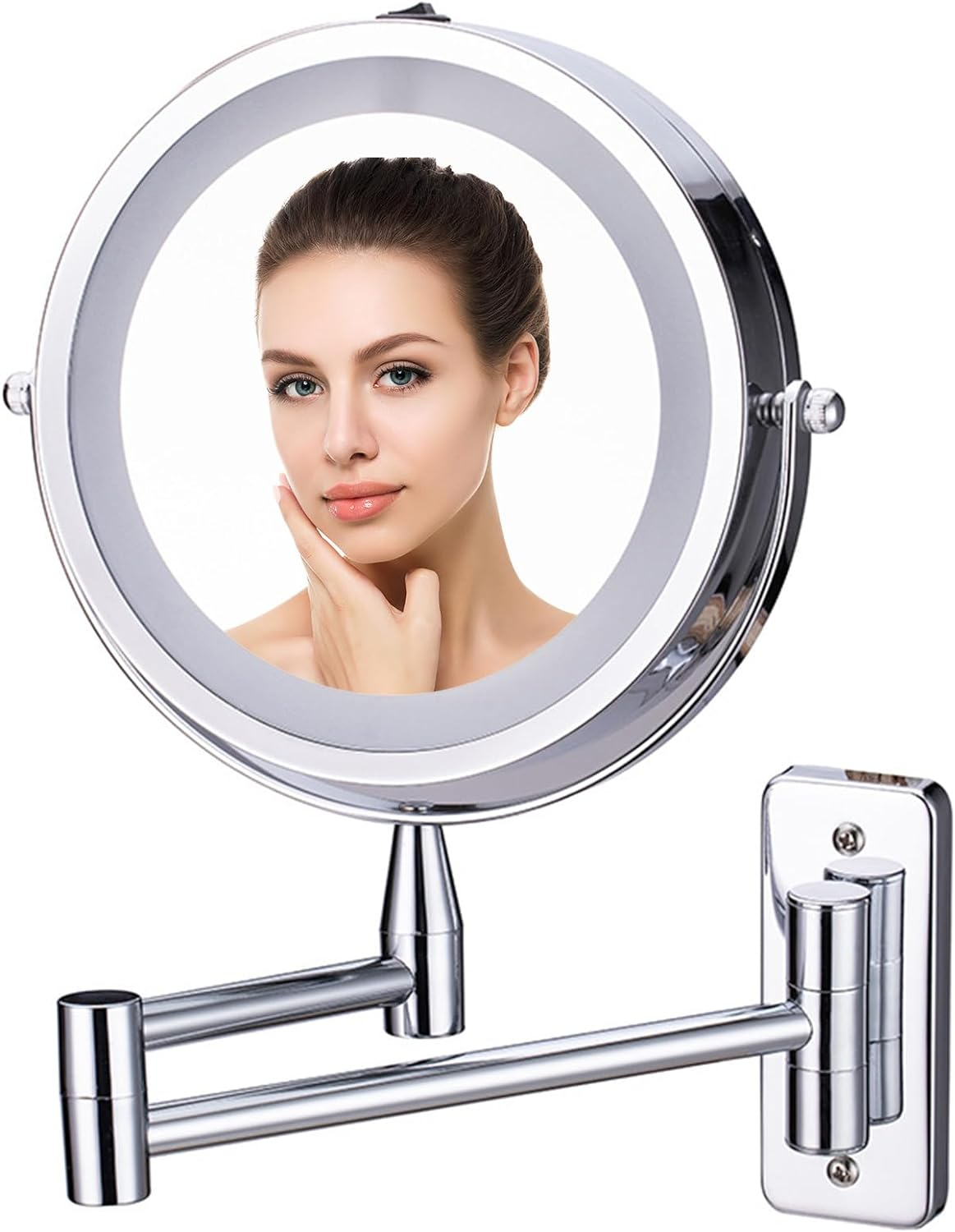 Wall Mounted Lighted Makeup Mirror, Double Sided Vanity Mirror with 1X 10X Magnifying Bathroom Mirror, 3 Color Lighting, Touch Screen Dimming, Extended Arm 360 Rotation Shaving Light up Mirror image number 5