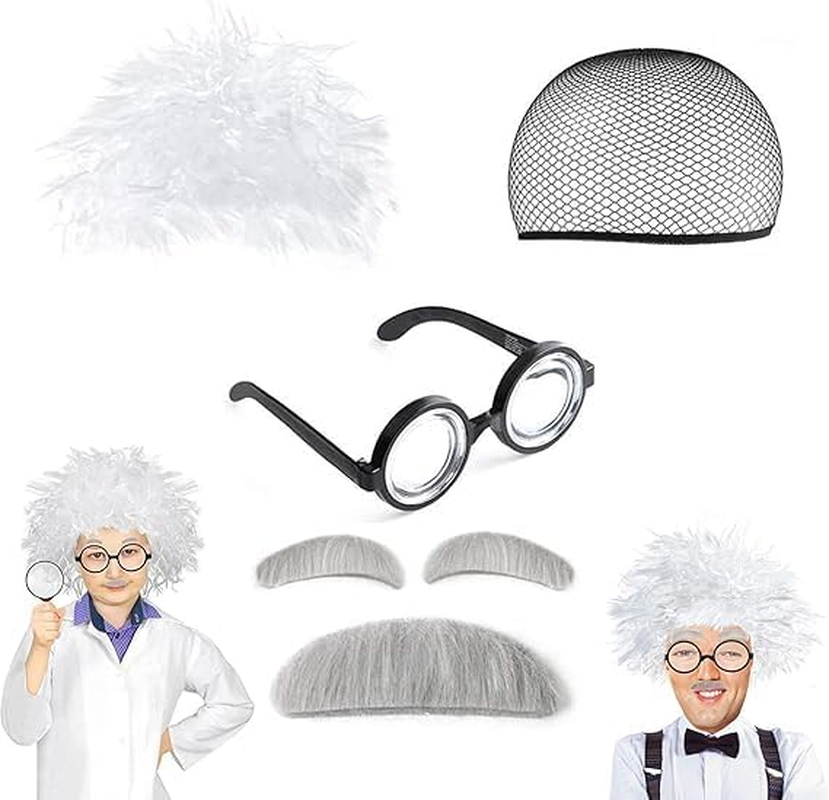 6PCS Mad Scientist Wig Set ,White Cosplay Wig Set for Old Man 100Th Day of School Dress up Halloween Cosplay Mad Scientist Costume Party Accessories