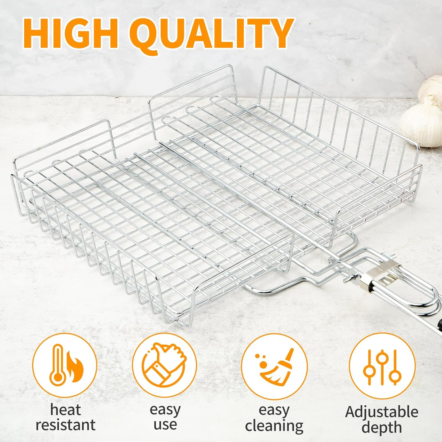 Fish & Vegetable Grill Basket,Portable Stainless Steel BBQ Grill Basket,Folding Outdoor Camping BBQ Rack for Fish, Shrimp, Vegetables, Barbeque Griller Cooking Accessories (Adjustable Black) image number 1
