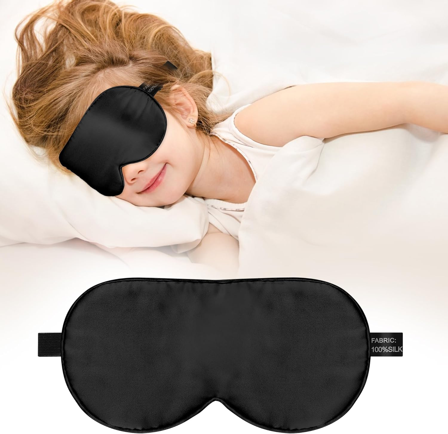 Kids Sleep Mask Eye Cover, 100% Real Natural Pure Silk Eye Mask with Adjustable Strap, Blindfold Kids Eye Mask for Sleeping, Eye Shade for Boys Girls and Adult, Pressure-Free Comfort (Black)