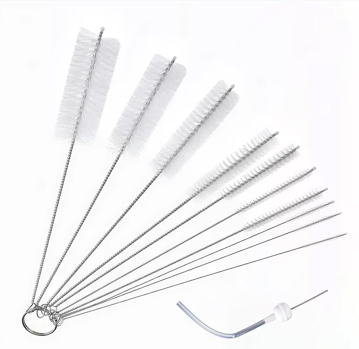 10-Pack Straw Cleaning Brushes &ndash; Multi-Size Nylon Bristle Kit with Keychain (8" Length, White)
