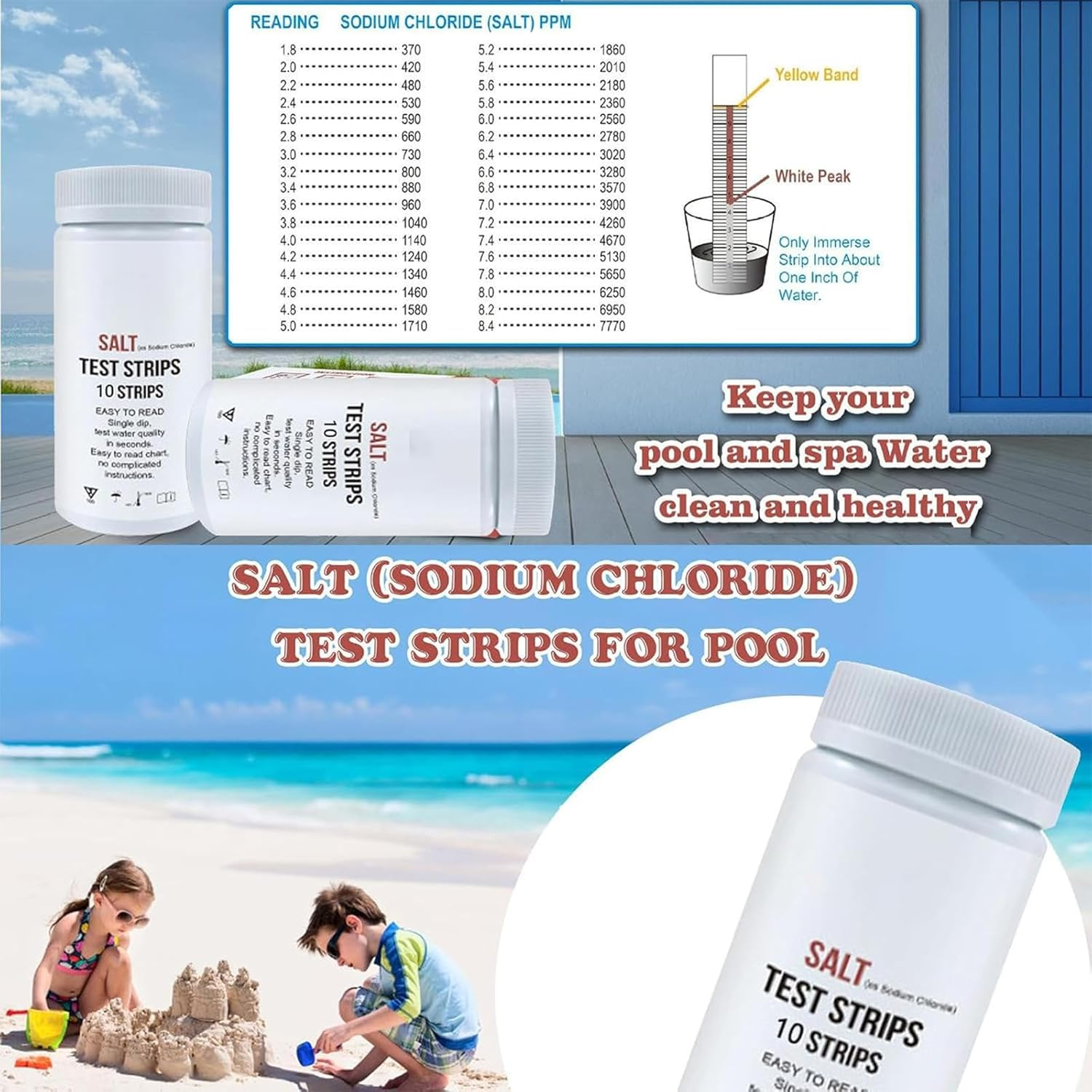 Yeanifeana 10 Count Salt Test Strips for Pool & Spa, Fast & Accurate Salinity Tester for Swimming Pools, Hot Tubs, Water Testing Kit for Saltwater Detection image number 6