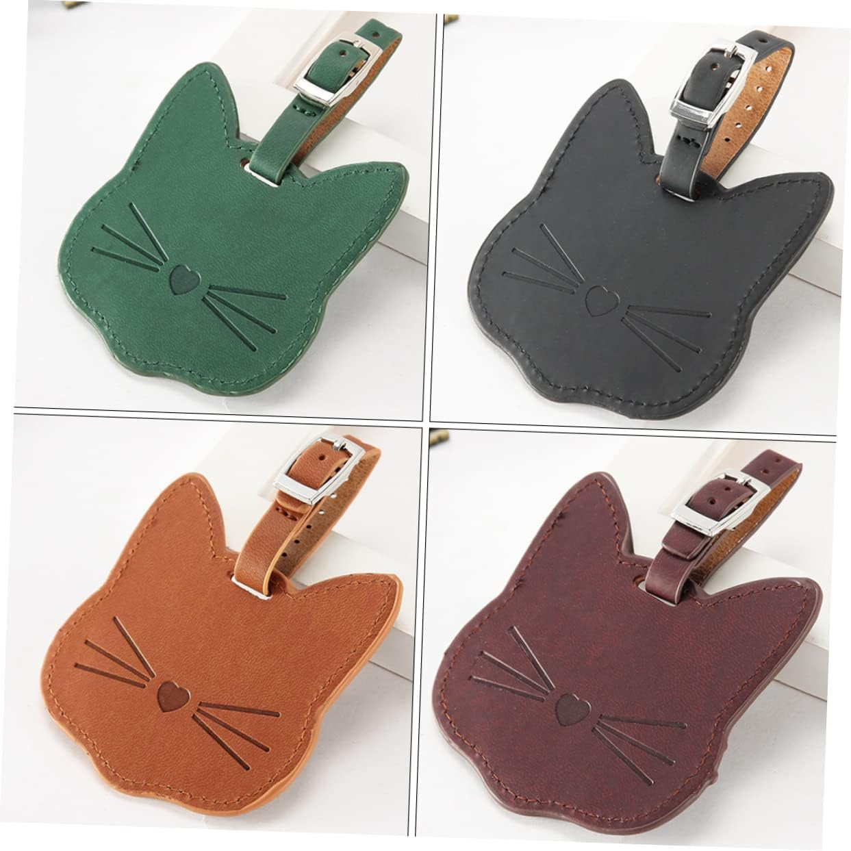 OFFSCH 2Pcs Pu Leather Luggage Tag Cat Head Design for Suitcases for Cruise Travel Carry Bag Baggage Identification Leather Strap and Id Window Random Color image number 6