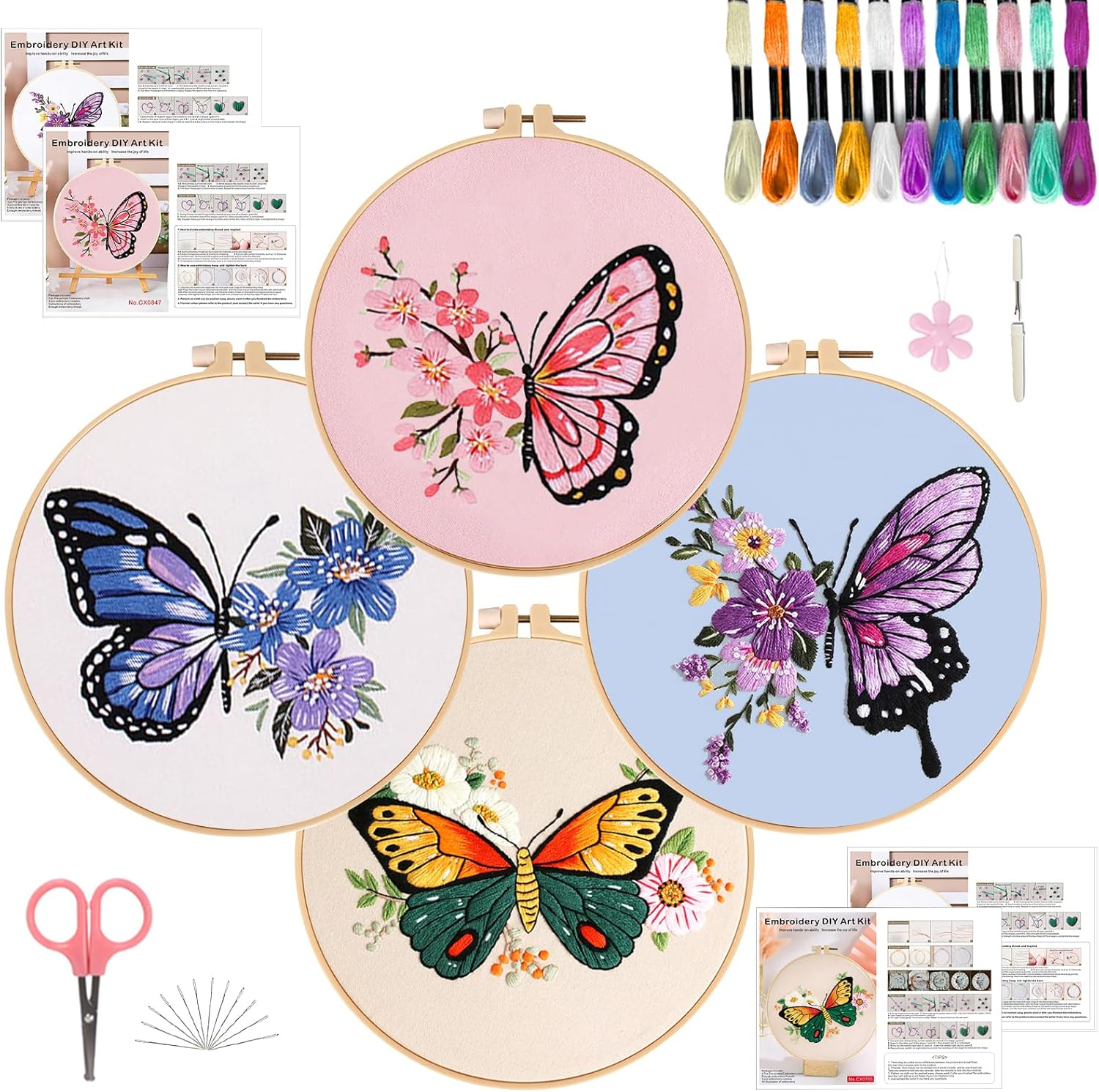 SHIPKEY 4 Sets Embroidery Kit, Beginner Stamped Stitching Kit for Adult, Starter Hand Embroidered Kits with Stamped Patterns | Sunflower