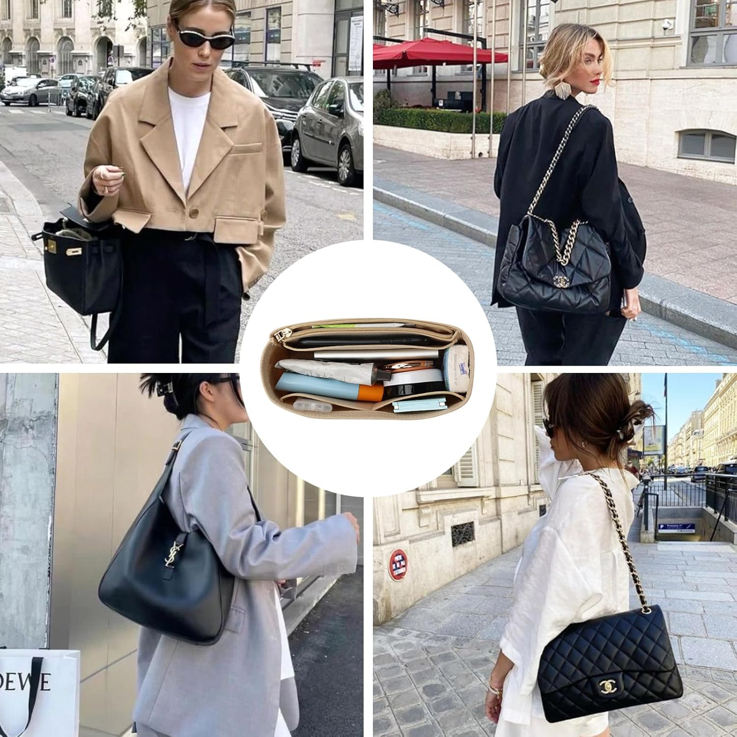 Surblue Purse Organizer Insert for Handbags, Felt Bag Organizer with Zippers Handbag Shaper Pouch for Classic 19 Flap Bag, Marmont, Onthego,（Khaki, Slender S）