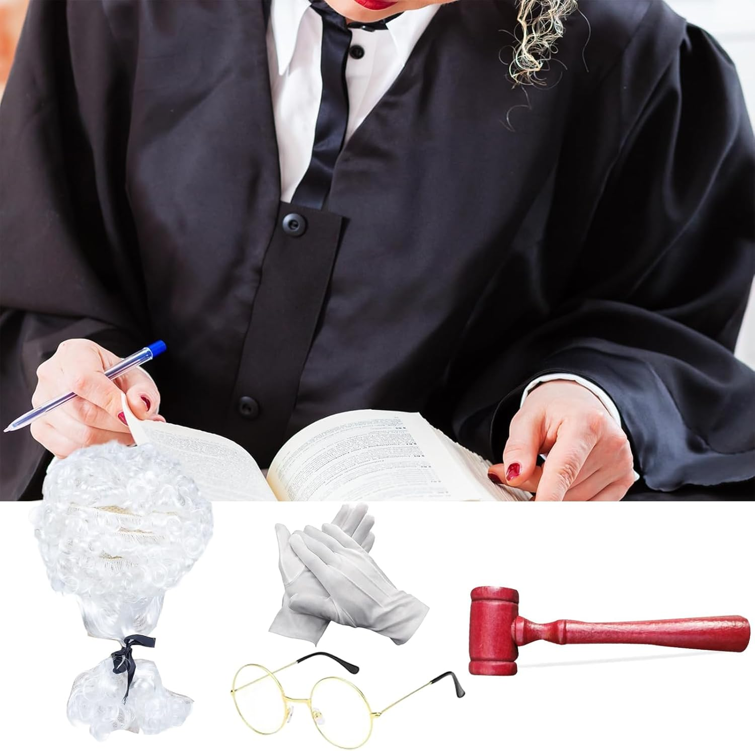 4Pcs Judge Court Lawyer Costume Accessories Wig, Wave Hairpiece,Halloween Makeup,Fancy Costumes, Role-Playing(White) image number 1