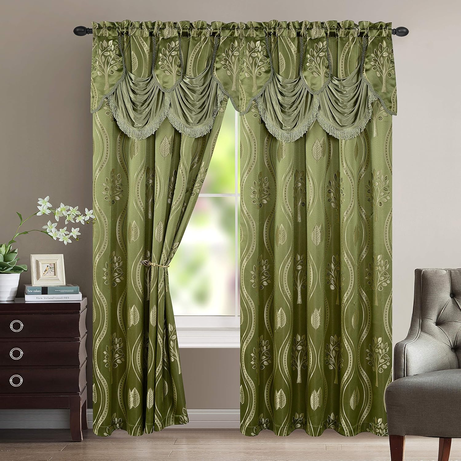 Elegant Comfort Aurora Jacquard Look Curtain Panel Set with Attached Valance 54" X 84 Inch (Set of 2), Sage image number 2