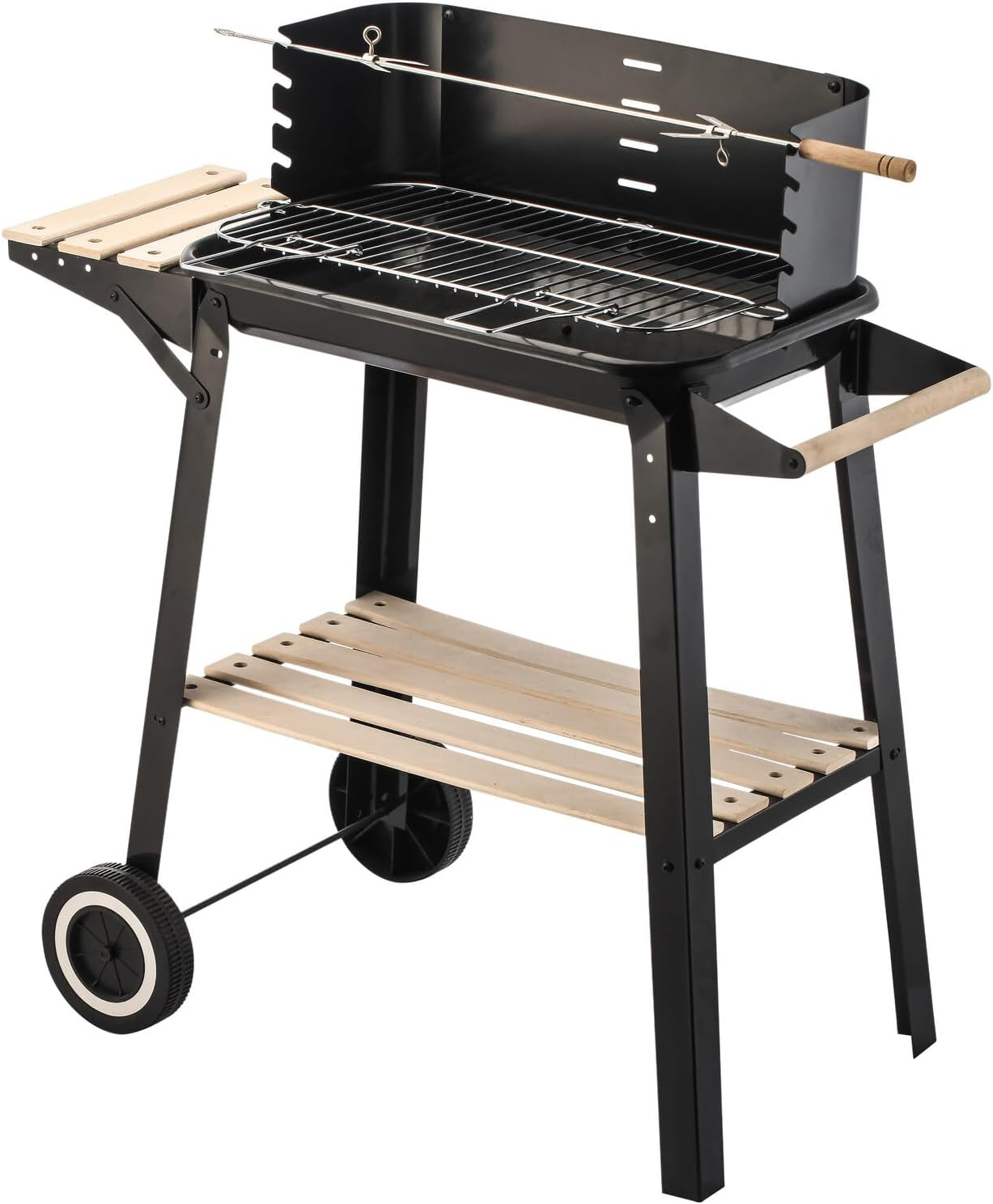 Healthy Choice Charcoal Grill BBQ on Trolley Stand with Manual Rotisserie Stick, Two Wooden Shelves, Wheels for Easy Maneuverability - 87Cm X 83Cm X 45.5Cm, Black + Light Wood image number 1