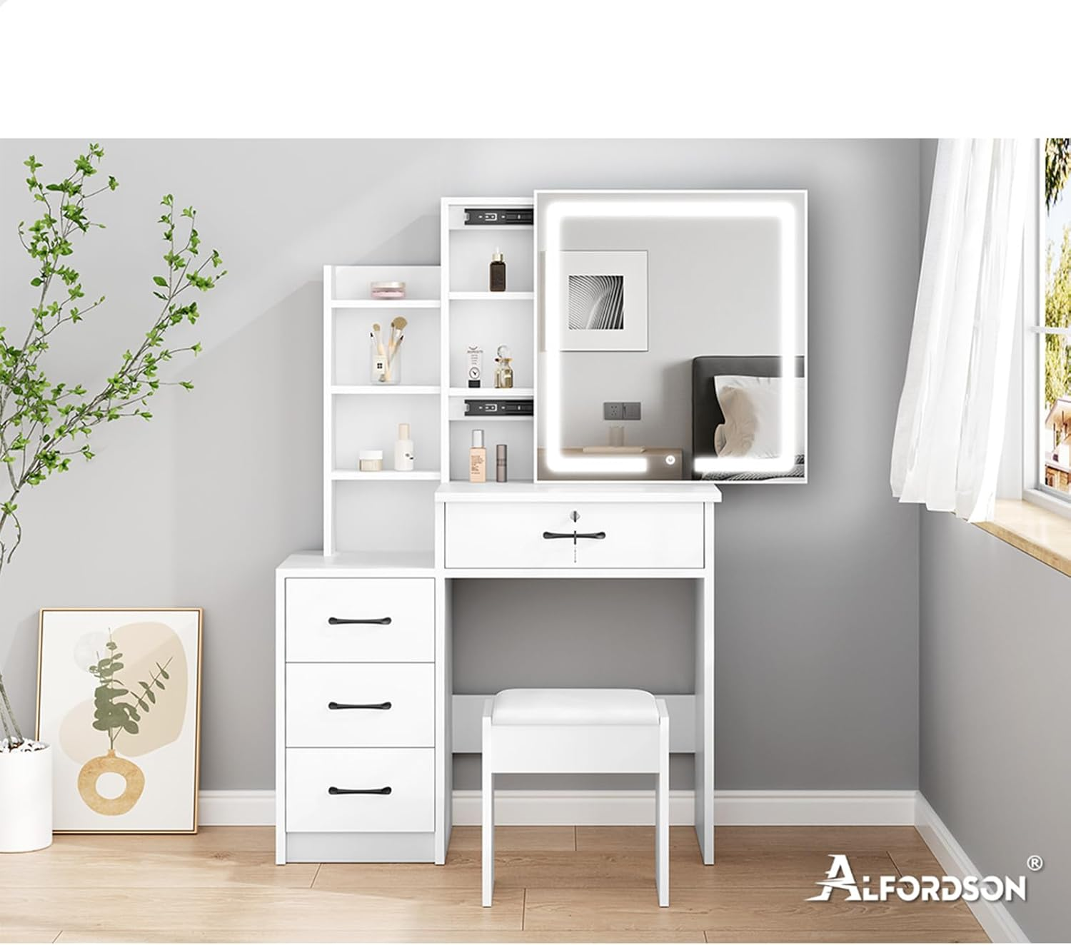 ALFORDSON 4-Drawer Vanity Set, Lockable Drawer & Sliding Mirror, Bedroom Vanity Table, 80X36X131.5Cm, White - 3 Color Lights, Hidden Storage Stool image number 1