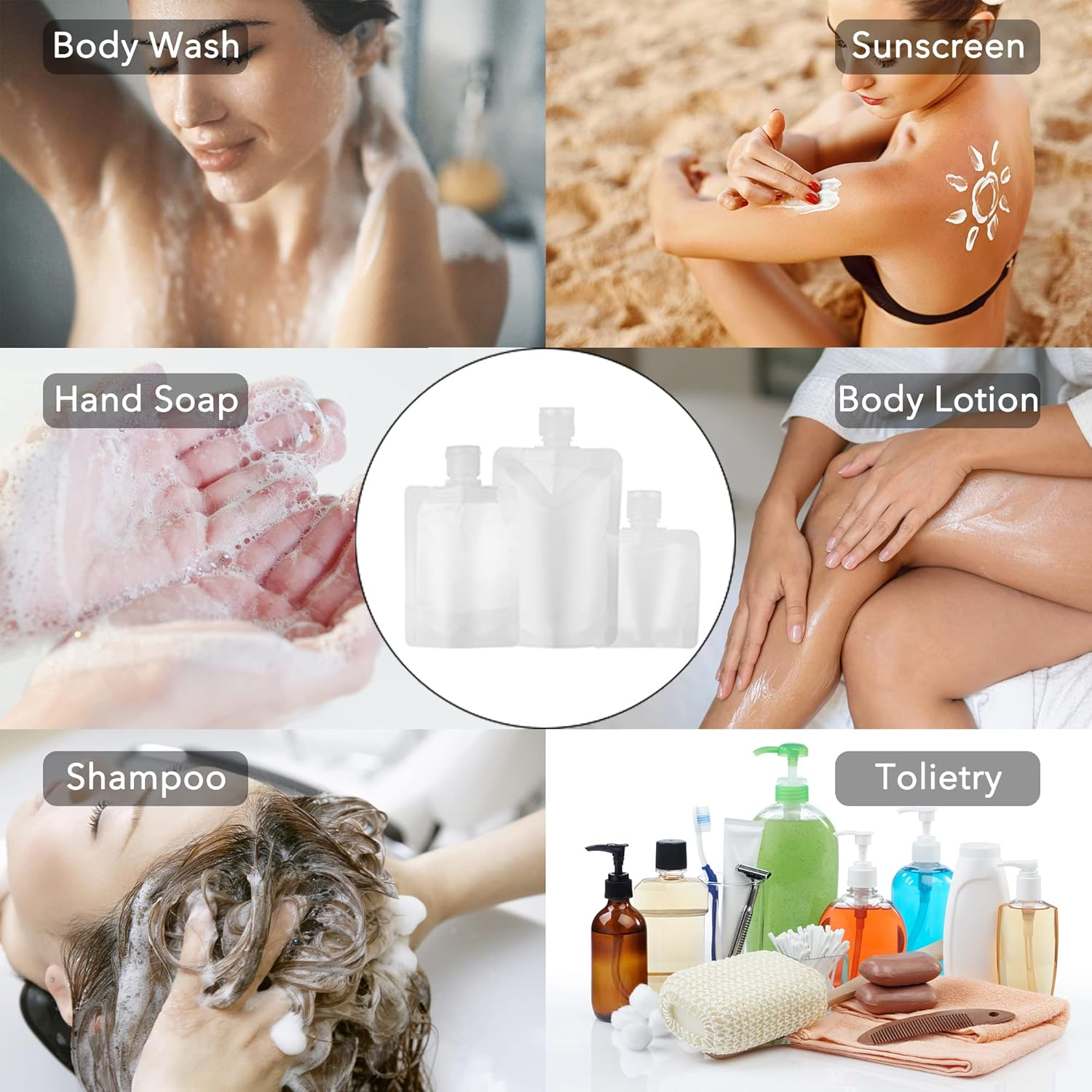 HQLESHUI 3 Sizes 30Ml/50Ml/100Ml Travel Size Refillable Empty Squeeze Pouch, Stand up Pouch for Toiletry, Lotion Shampoo Shower Gel Squeezable Bags, Leakproof Cosmetic Containers, Pack of 18, Pack of 18 image number 2