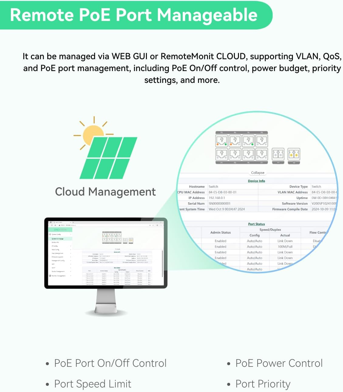 LINOVISION Industrial 8 Ports Full Gigabit Poe Switch Support DC 8~57V Input, 24V / 12V Poe Switch for Solar or RV UPS System, 2 High Poe+ Ports for Big PTZ Cameras or Wireless Aps. NDAA Compliant image number 2