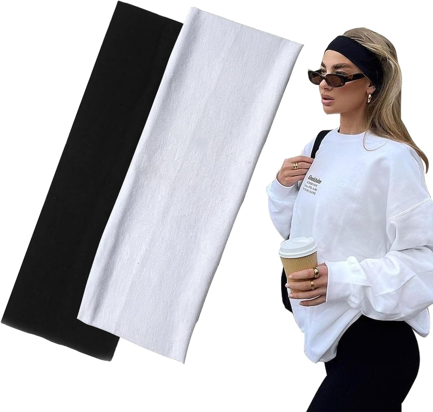 6Cm Wide Black Headbands for Women Men, 2Pack Fashion Head Bands for Women'S Hair, Soft Fabric Stretchy Hair Bands for Makeup, Yoga, Running (Black/White) image number 2