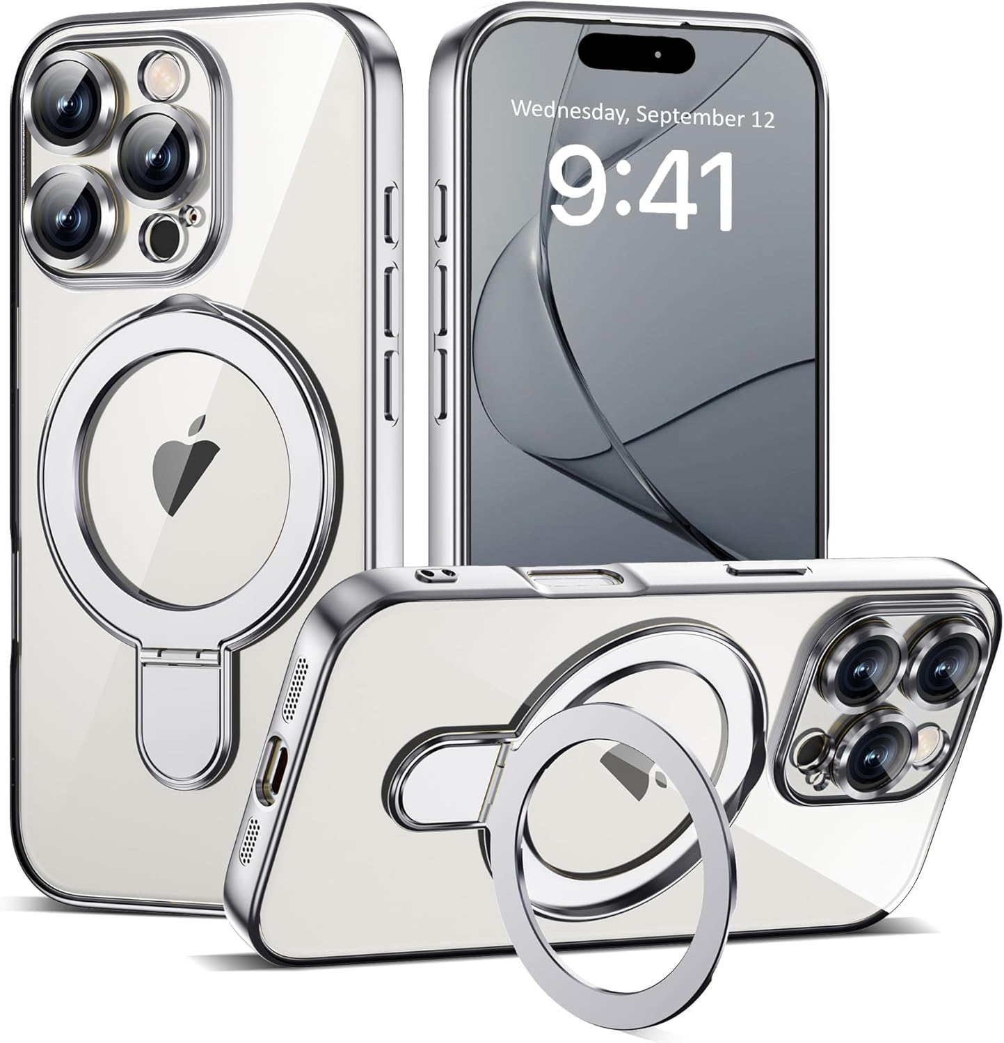 For Iphone 16 Pro Max Case, Phone Case Iphone 16 Pro Max with Invisible Magnetic Ring Stand [Compatible with Magsafe] [Full Camera Protection] Plating Clear Back Phone Case Covers, Silver image number 1