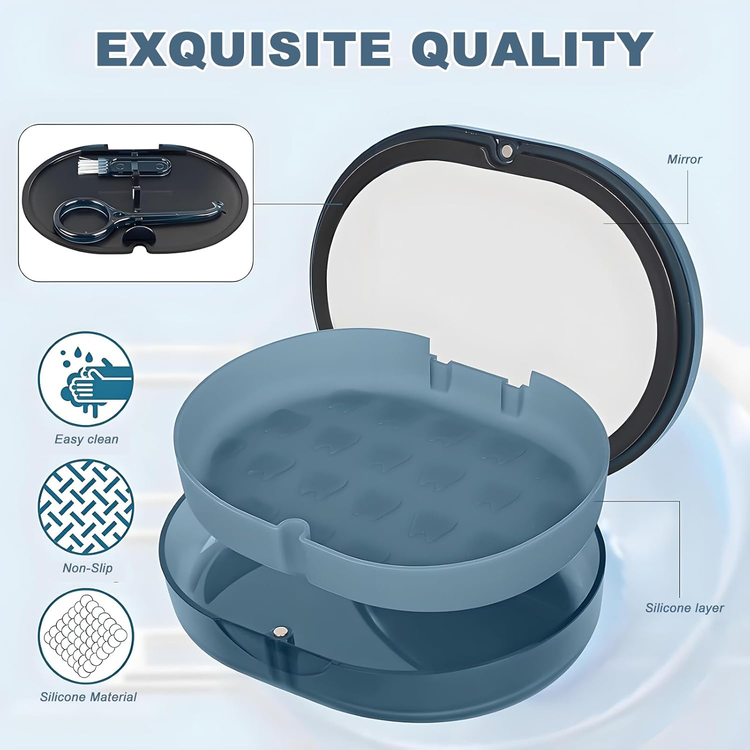 Checkzed Double-Layer Retainer Storage Case with Waterproof Removal Tool, Cleaning Brush, Built-In Mirror Orthodontic Retainer Case, Mouth Guard Case, Denture Case（Blue） image number 2