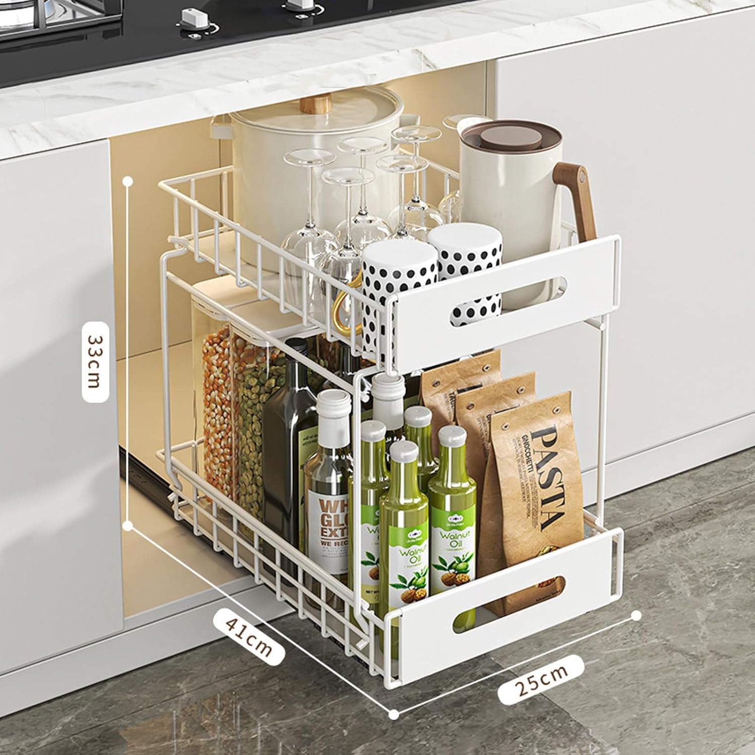 2-Tier under Sink Organizer and Storage, Adhesive Pull Out Cabinet Organizer, Peel and Stick Slide Out Drawer Shelf, Multi-Purpose Metal under Sink Storage Rack for Kitchen, Pantry, Bathroom (White)